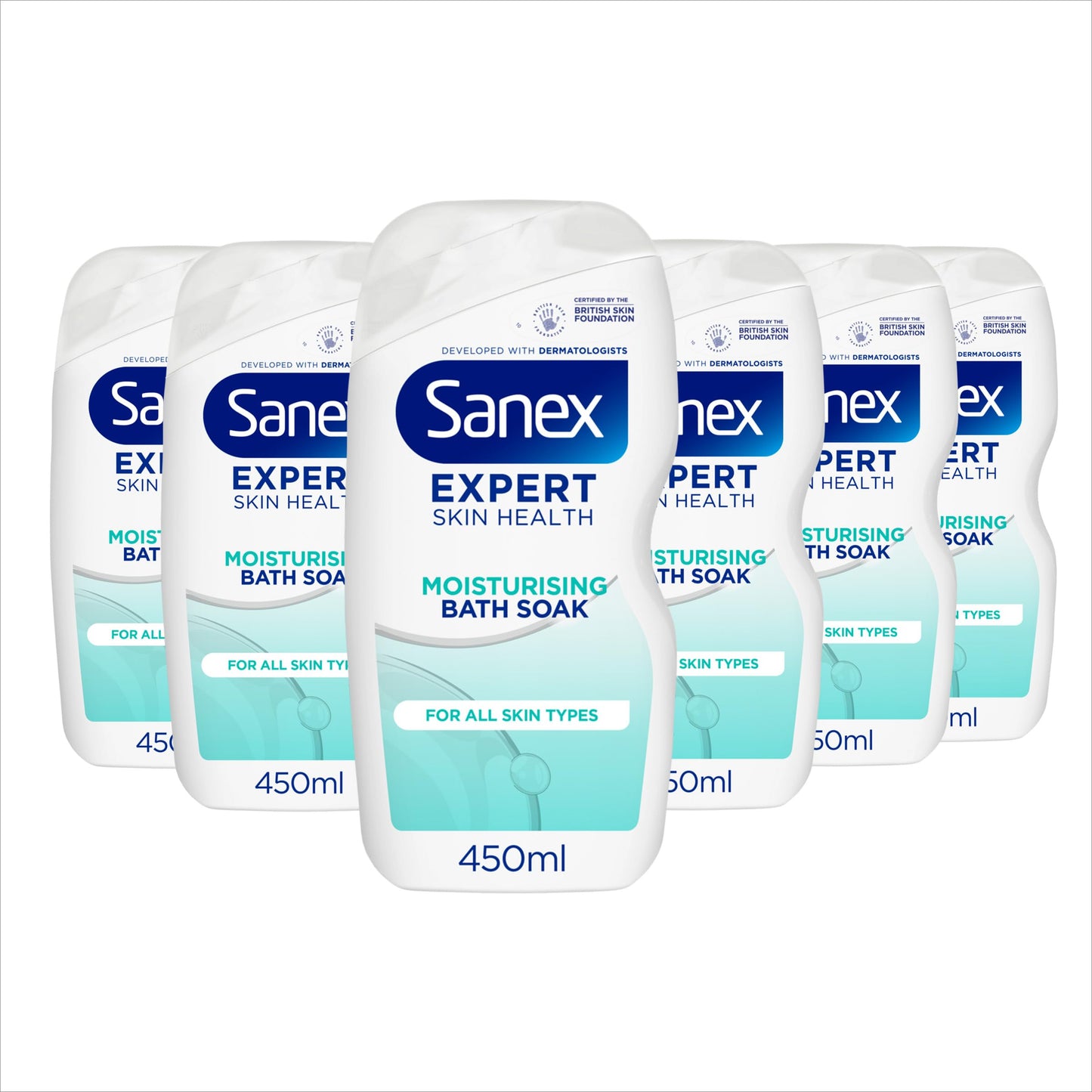 Sanex Expert Skin Health Moisturising Bath Soak 450ml 6 Pack - bath soak men and women - bath foam - advanced prebiotic formula - smooth and hydrated