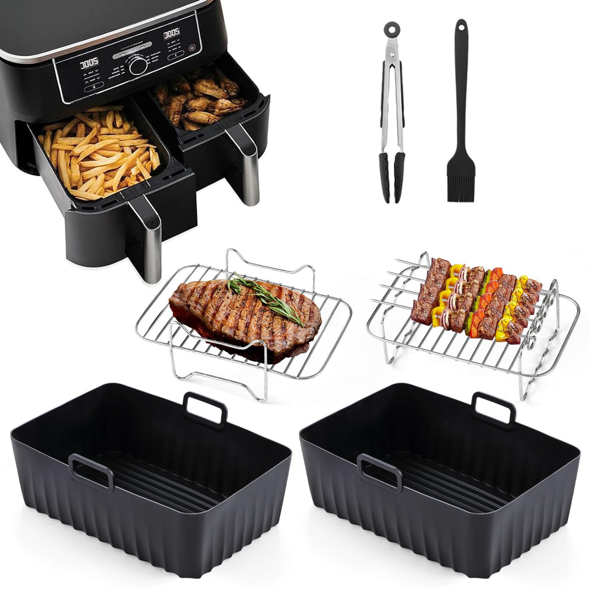Hunnycook Silicone Air Fryer Liners for Ninja - 10Pcs Air Fryer Accessories Set for Foodi Air Fryer AF300UK/400UK, 2* 7.6L-9.5L Ninja Dual Zone Air