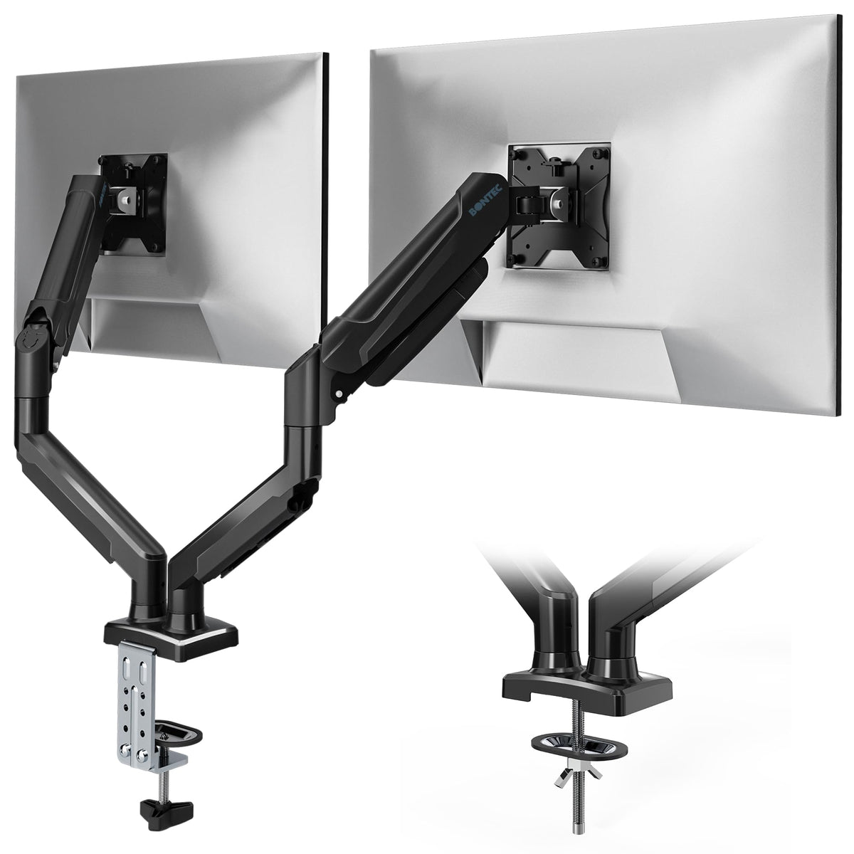 BONTEC Dual Monitor Stand, Adjustable Gas Spring Arms Monitor Desk Mount for 13-32 Inch Screens, VESA 75 & 100mm, 9KG Max Load, C Clamp, Grommet Base,