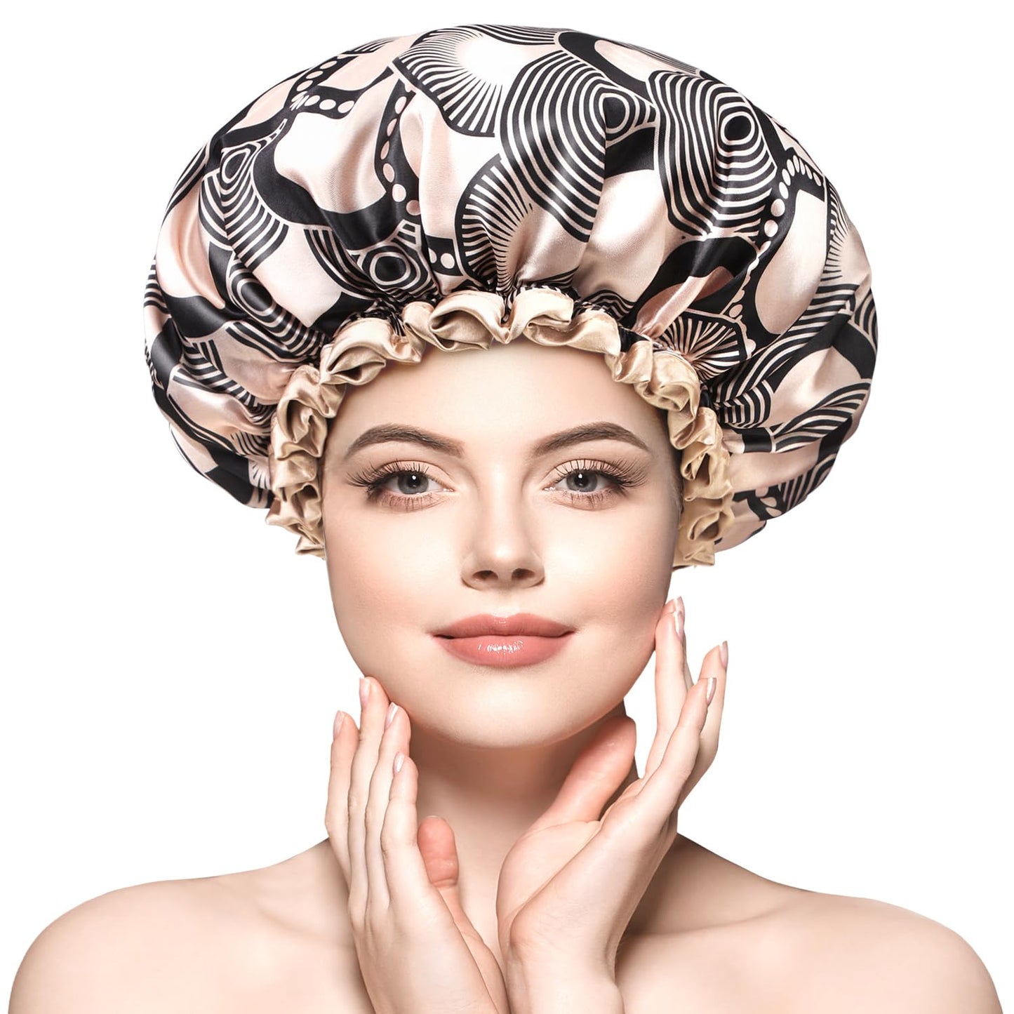 mikimini Shower Cap for Women, Reusable Waterproof Bath Hat for Ladies, Suitable for Short to Medium Hairs, Elegant Champagne Shower Caps add a Touch