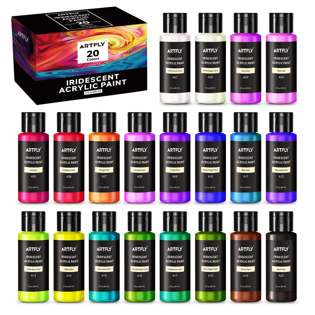 ARTFLY Iridescent Acrylic Paint Set, 20 Chameleon Colors in 20x60ml Bottles, Color-shifting Acrylic Paint, Perfect for Artists, Beginners on Canvas,