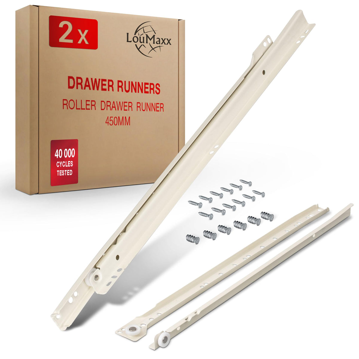 LouMaxx Drawer Runners 450 mm | 2-Pack (1 Pair) White Drawer Runner | Drawer Slide System with Partial Extension | Smooth Drawer Sliders in Cream