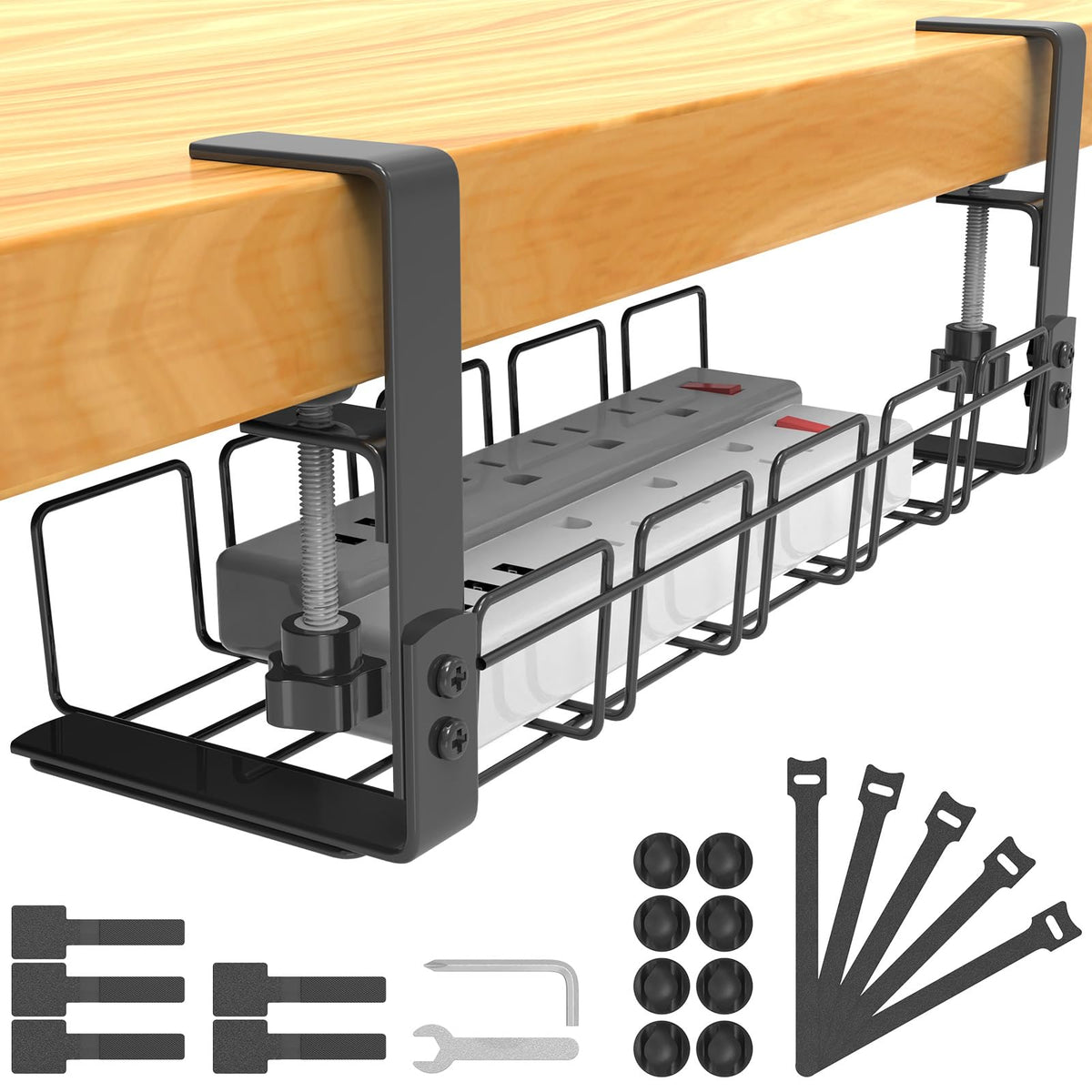 Cable Management Under Desk Tray No Drill, Table Cable Basket for Power Strips and Cables, No Screws Tidy Wire Organizer Clamp for Home, Office,