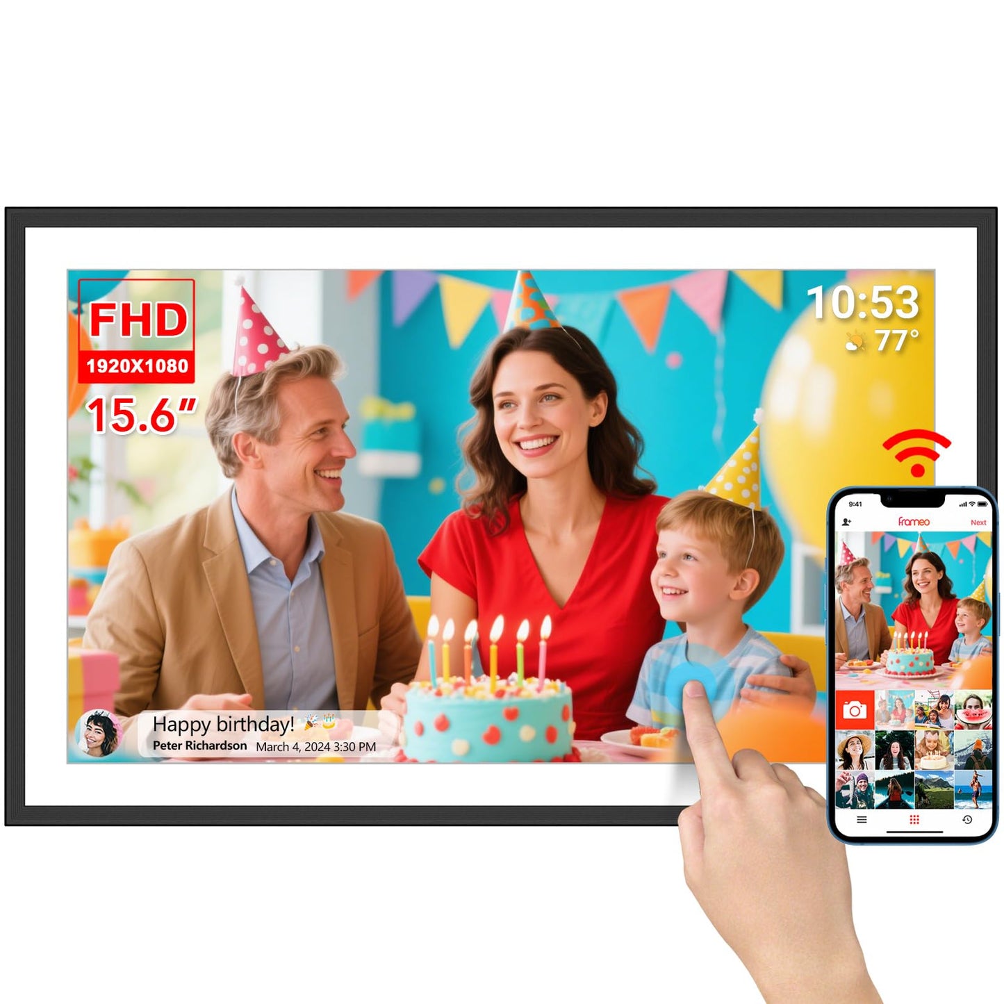 FRAMEO Digital Photo Frame 15.6 Inch Extra Large WiFi Digital Photo Frame with 32 GB 1920 x 1080 IPS HD Touchscreen Desktop &Wall Mounting Share your