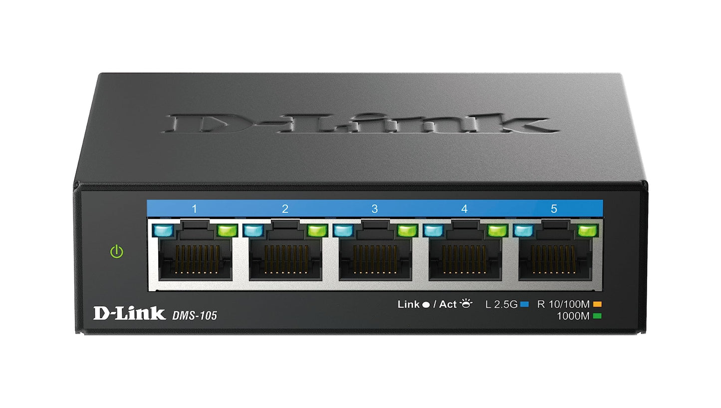 D-Link DMS-105 5-Port 2.5G Multi-Gigabit Unmanaged Desktop Switch with five 2.5 Gigabit Ports, Fanless, Low Profile, Compact, Metal Housing, QoS, Plug