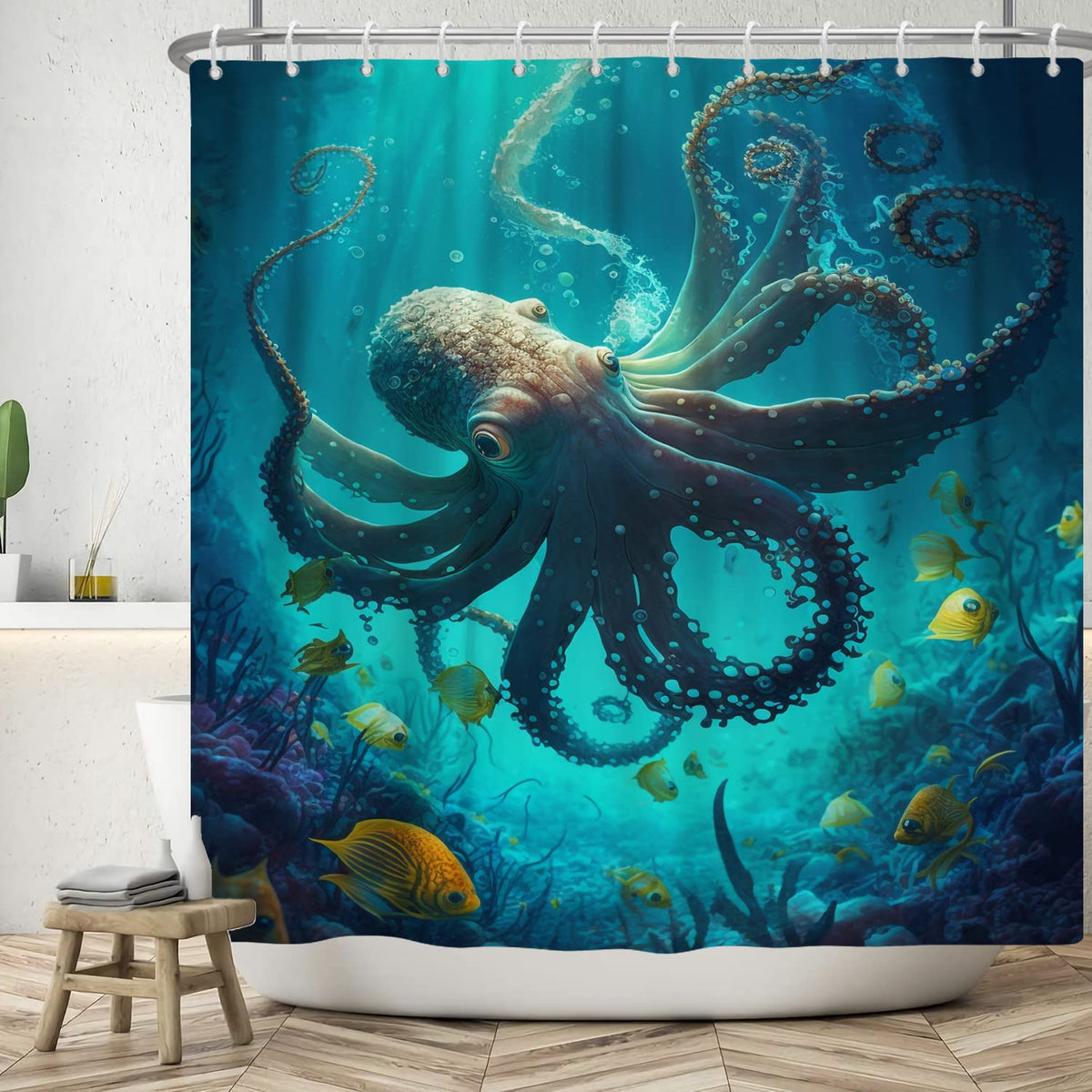 ASDCXZ Sea Floor Shower Curtain 180x200 cm, Blue Deep Sea Ocean Underwater World Marine Animals Octopus Fish Washable Shower Curtains Polyester