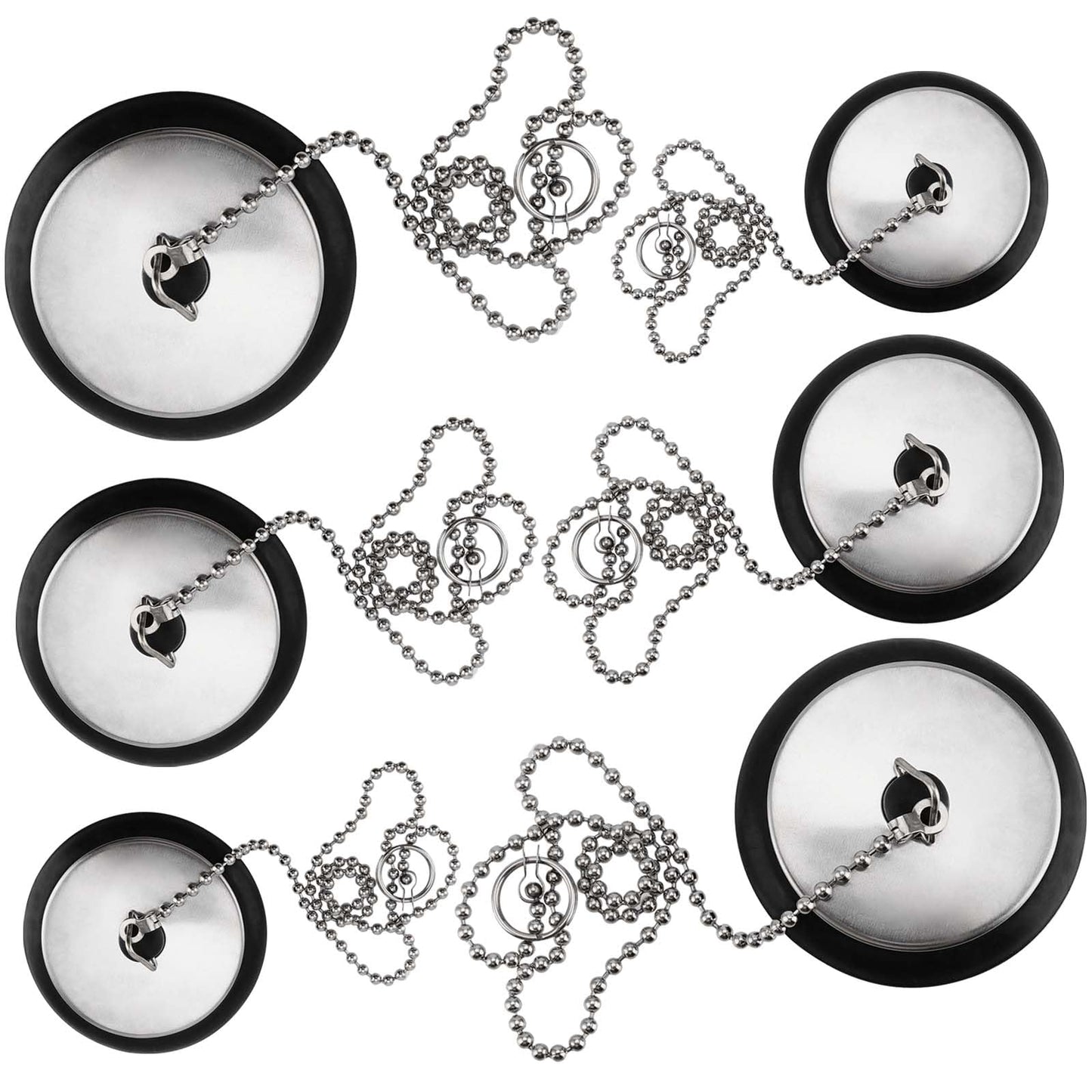HEIHAK 6 Pcs Black Bath Plug, Universal Sink Plug with Metal Ball Chain, Rubber Drain Stopper replacement for Kitchen, Bathroom Bathtub, Laundry 40mm