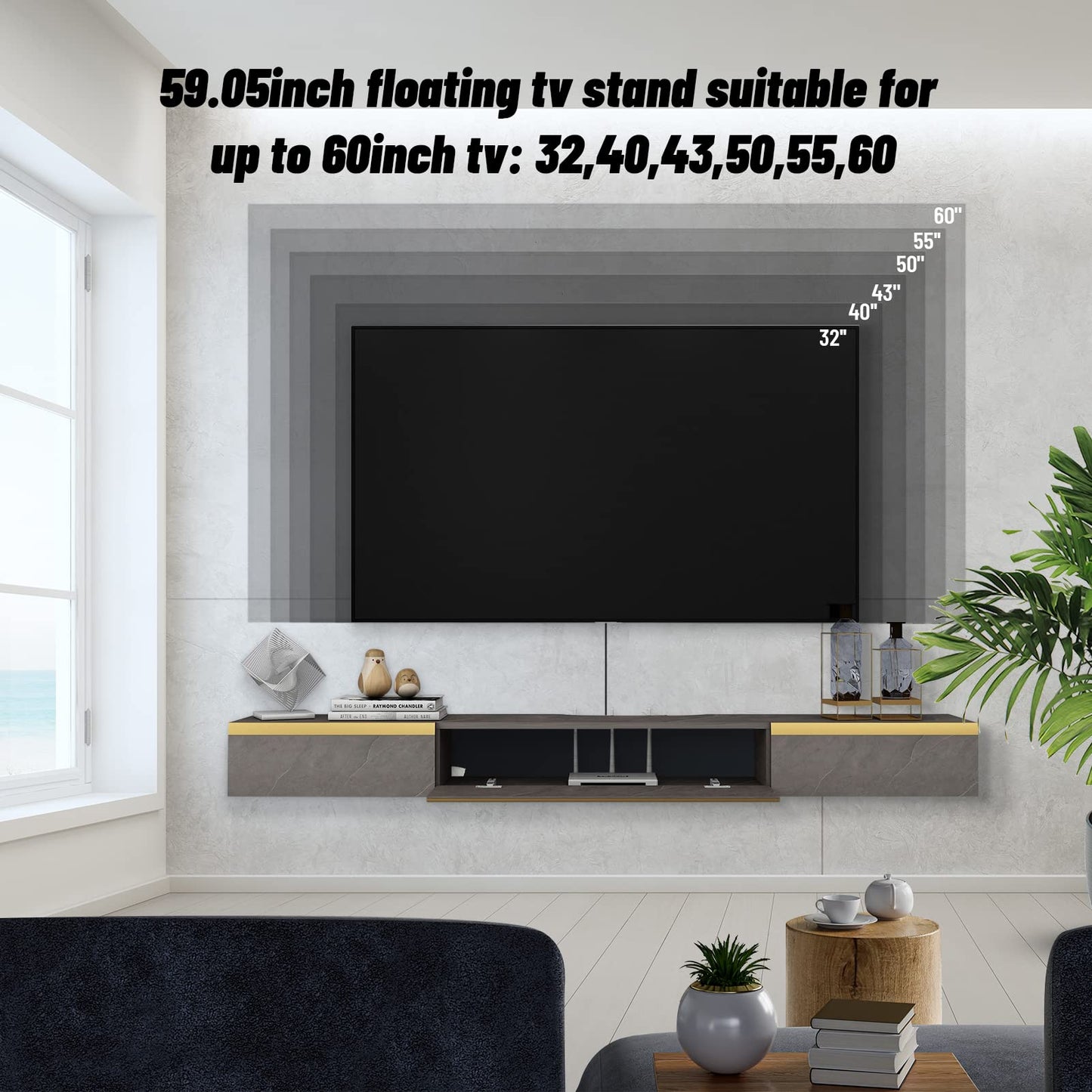 Pmnianhua Floating TV Unit, 59'' Wall Mounted TV Cabinet, Floating Shelves with 2 Drawers and 1 Door