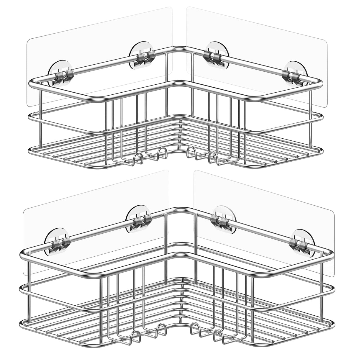 Menbyci Silver Corner Shower Caddy,Adhesive Shower Shelf with Hooks, Stainless Steel Rustproof Bathroom Storage Organizer Rack,No Drilling Shampoo