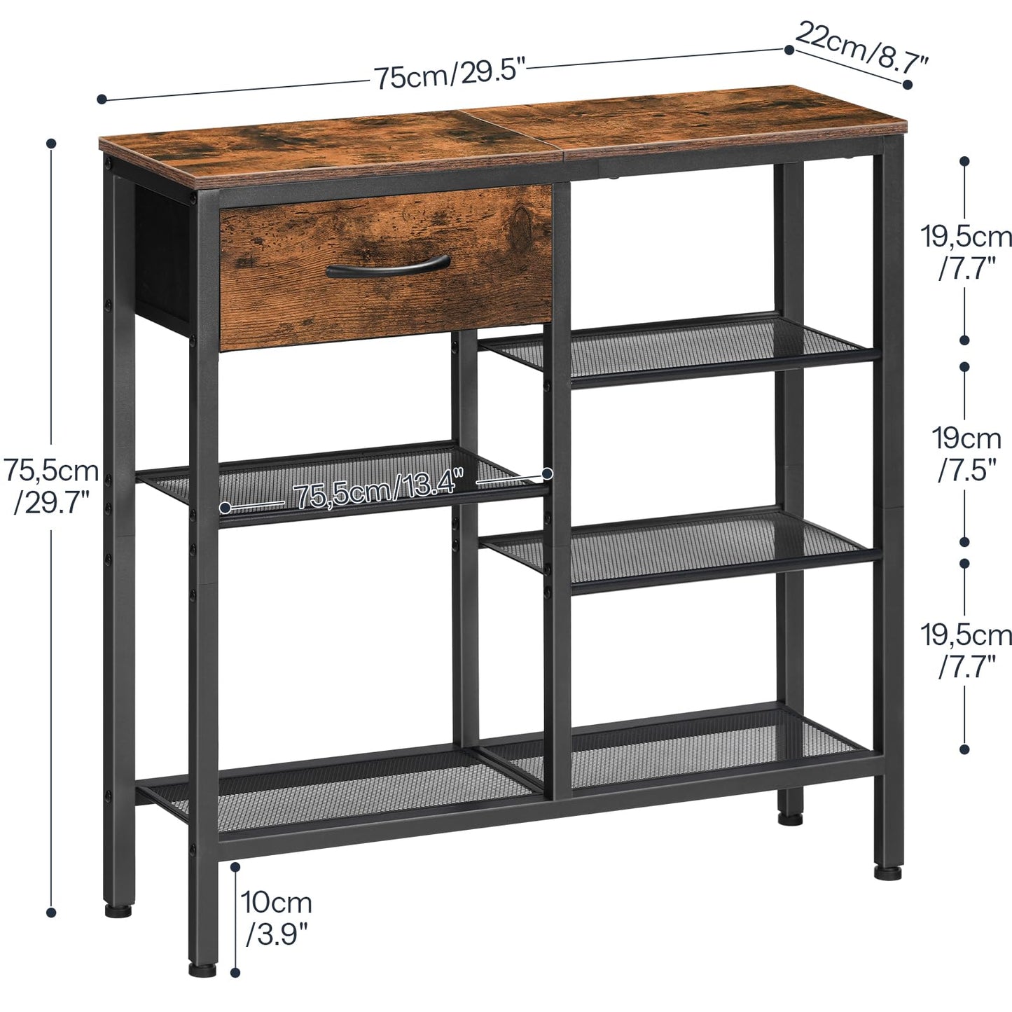 HOOBRO Console Table for Hallway Slim, Hallway Table with Drawer and 5-Tier Storage Shelves, 75 CM Narrow Console Table Behind Sofa, for Living Room