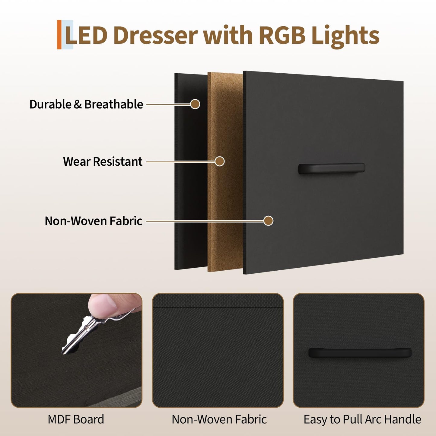 GarveeLife 49.2" w Drawer Cabinet with Hanging Rod - Metal Frame Drawer Cabinet, 6 Drawer Storage Cabinet, Led Lights & Charging Station