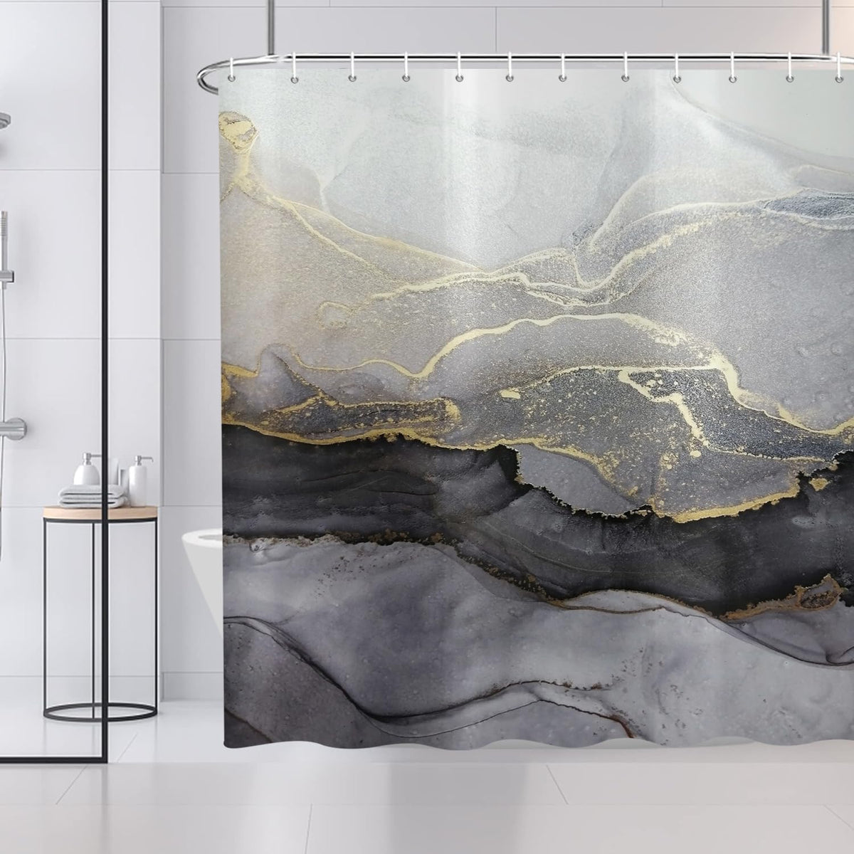 ASDCXZ Shower Curtain Marble 180x180 cm, Modern Abstract Grey Black Gold Marble Optic Texture Washable Fabric Shower Curtains Polyester Textile
