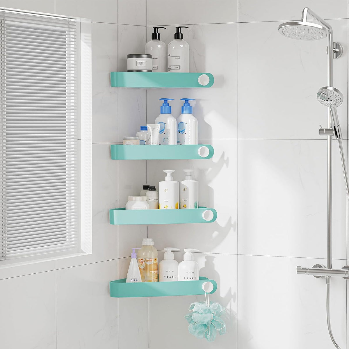 Sotfamily Corner Shower Caddy, 4 Pack Bathroom Shelves with Adhesive Pad, Rust Free Plastic Shower Shelf No Drilling for Bathroom Storage and