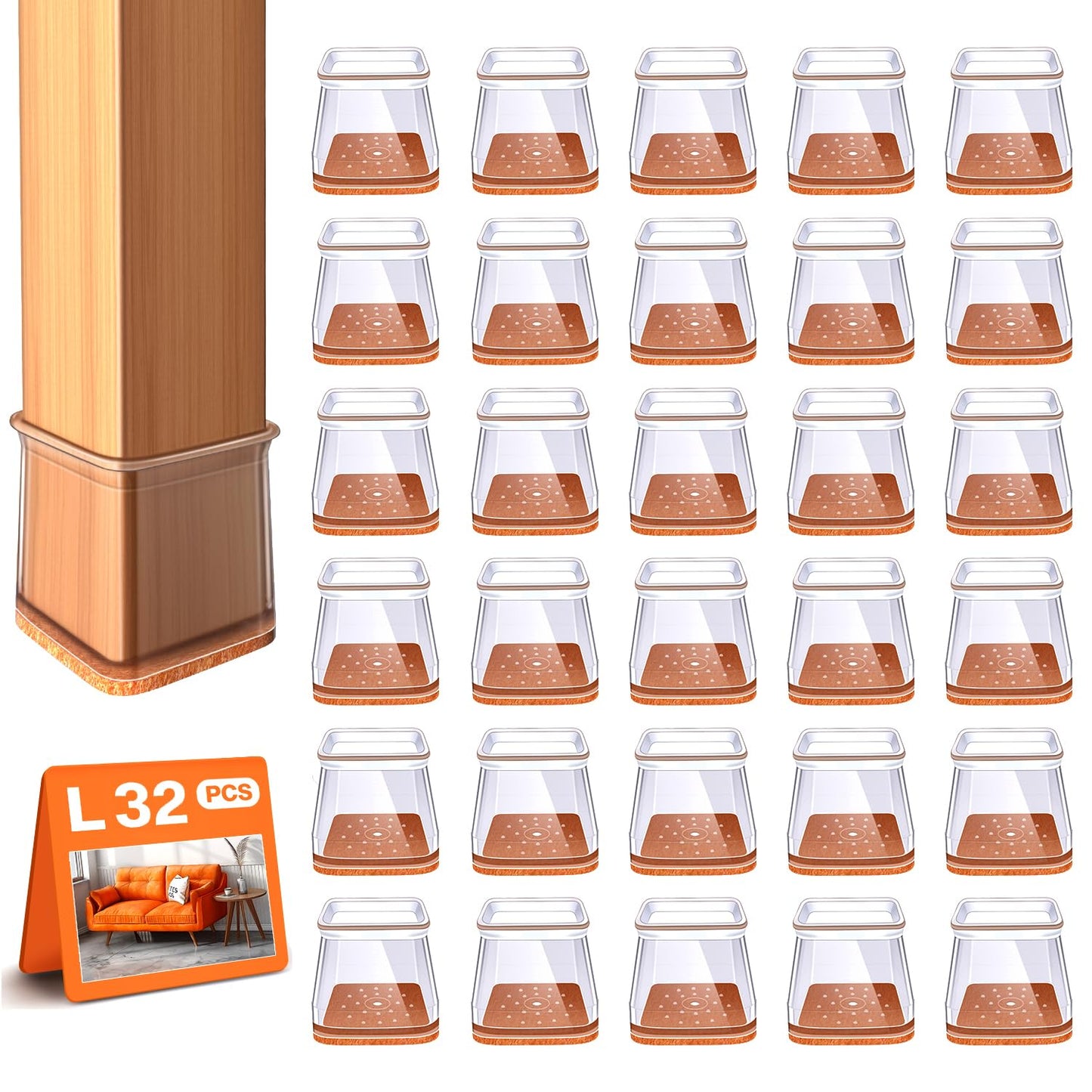 32 Pcs Square Chair Leg Floor Protectors for Hardwood Floors Clear Silicone Covers to Protect Wood Tile Floors Felt Pads Furniture Leg Caps(Fit