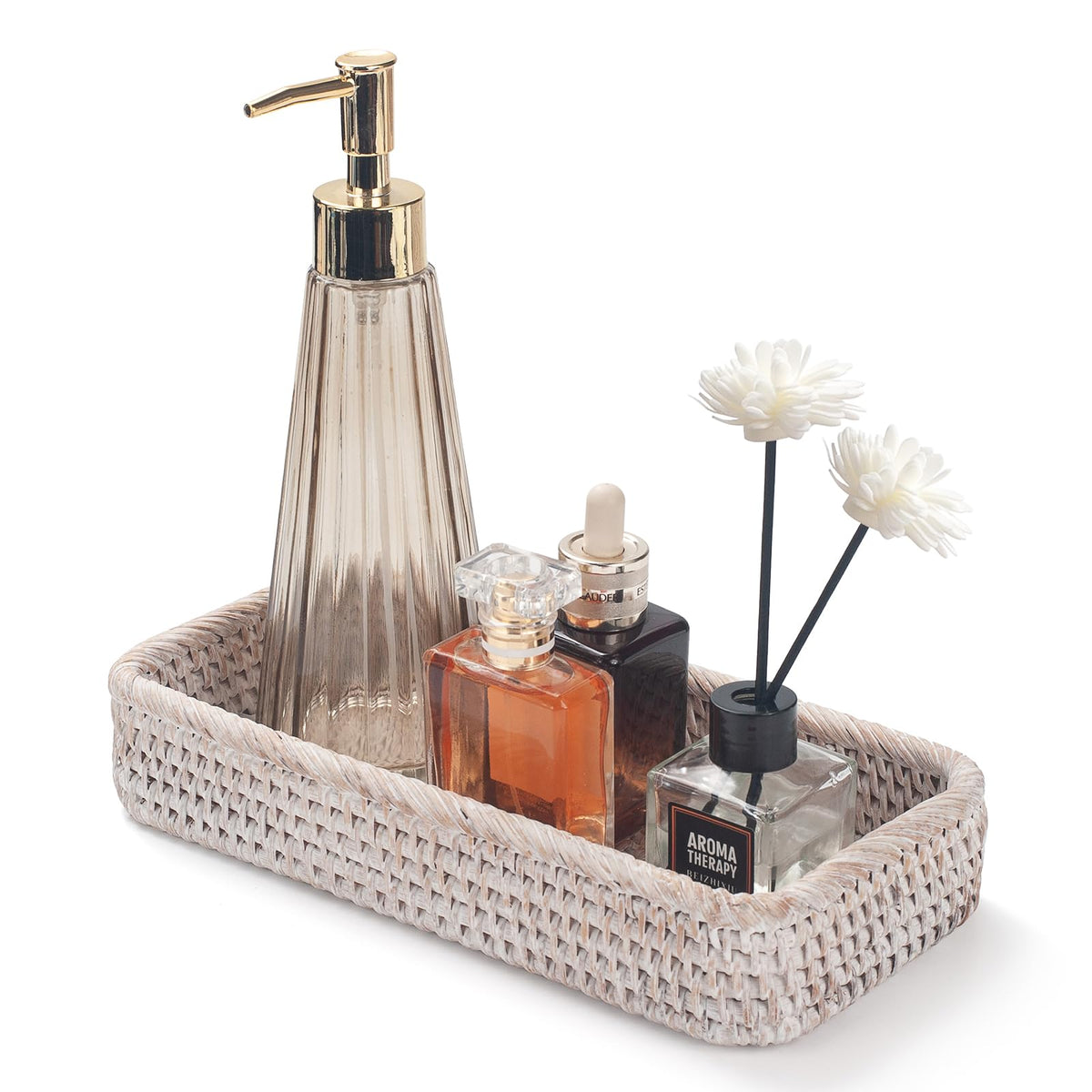 Rattan Bathroom Vanity Tray, Toilet Tank Tray, Toilet Basket Tank Topper, Bathroom Basket for Organizing and Decor (Whitewash, 26 x 12.5 x 4 cm)
