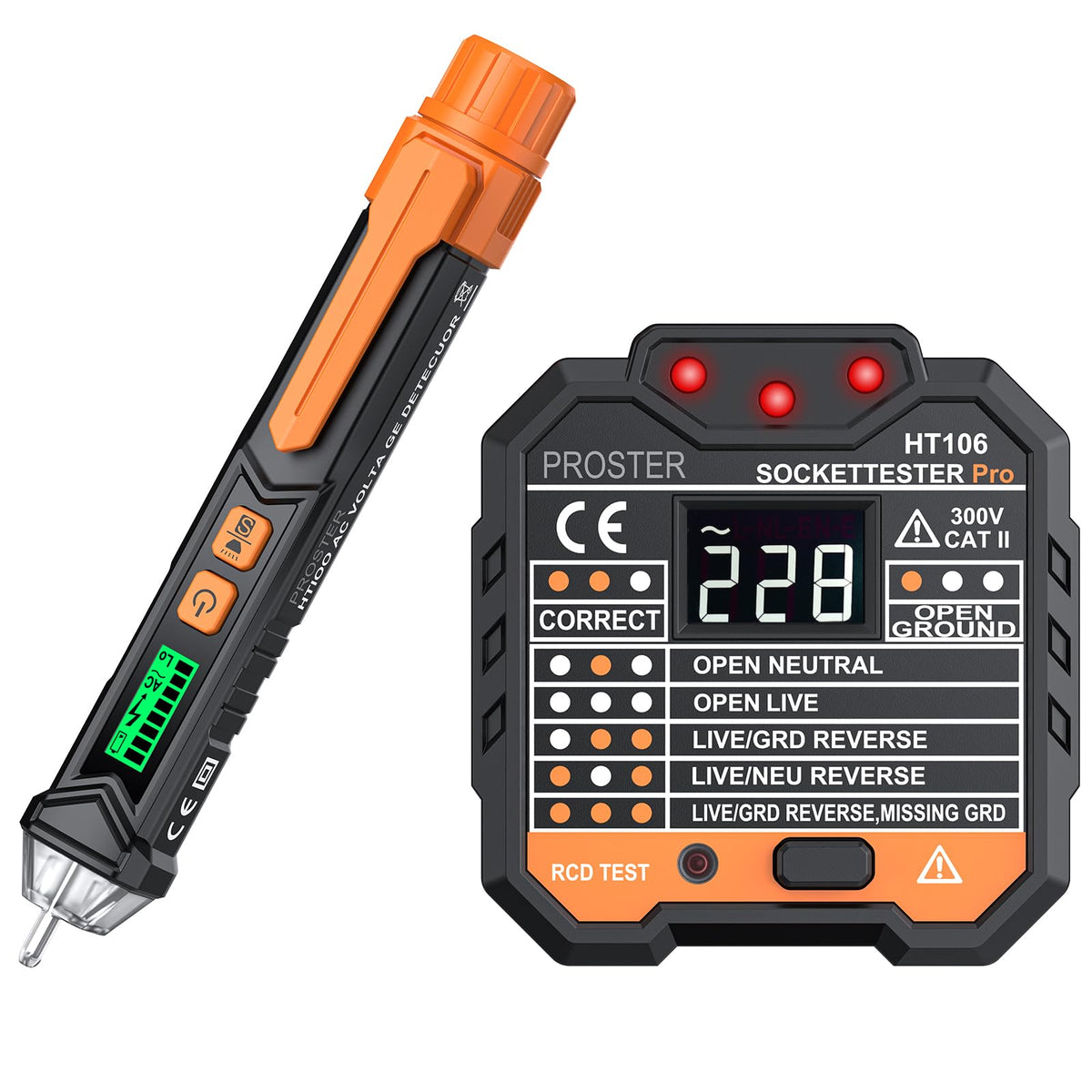 Proster Voltage Tester - Socket Tester Electrical AC Non-Contact Voltage Detector Pen and Plug Socket with Sound and Light Alarm Plug Tester RCD