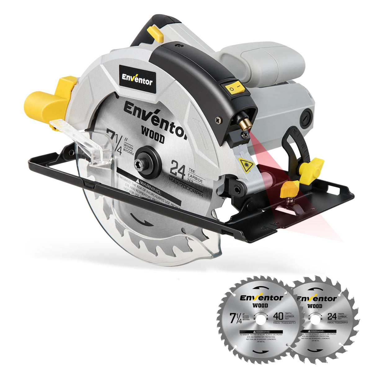 Enventor Circular Saw, 1200W 5800RPM Pure Copper Motor Electric Circular Saws with Laser Guide, 2 Saw Blades(185mm, 24T+ 40T), Max Cutting Depth 62mm