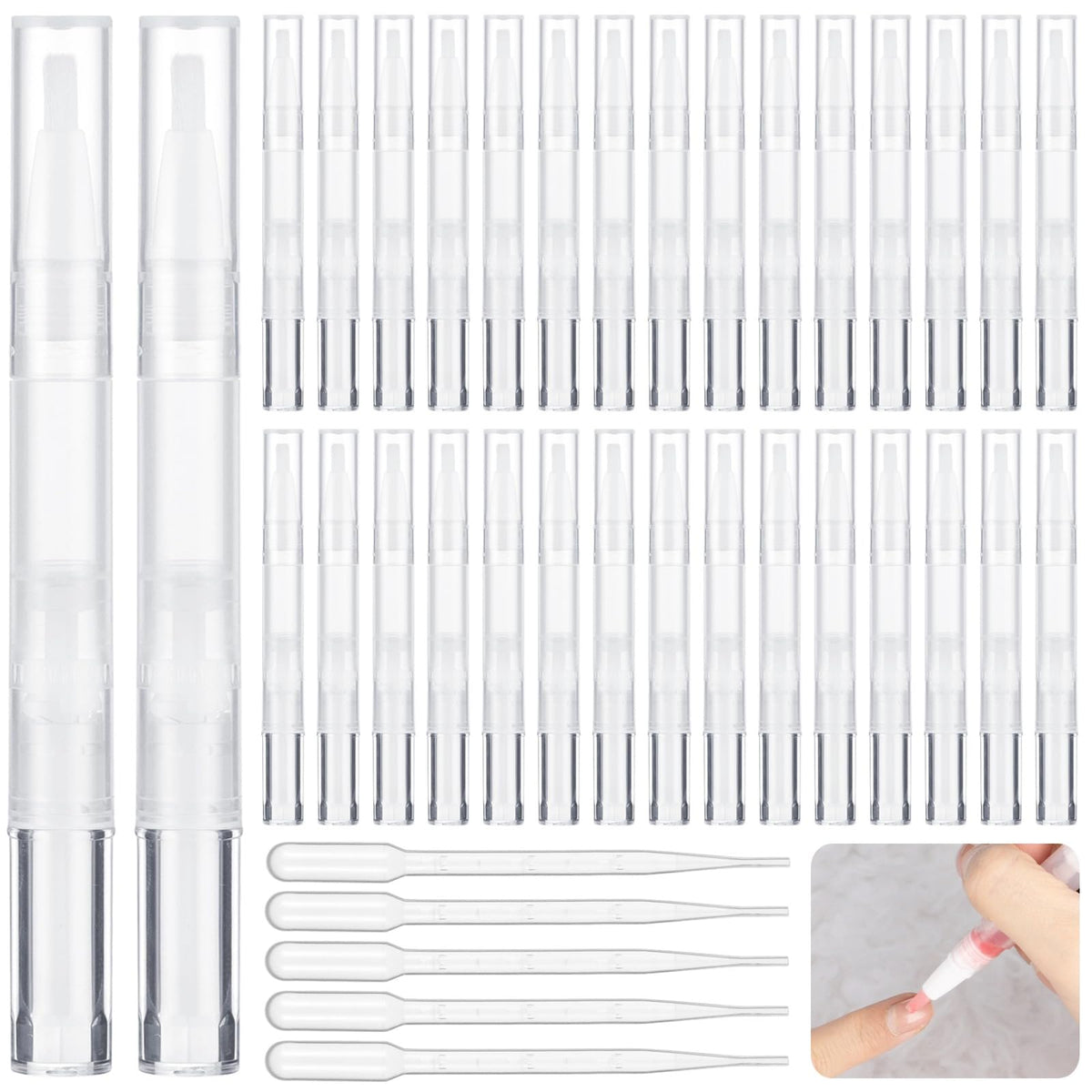 50 Pieces 3 ML Empty Cuticle Oil Pens with 5 Droppers, Transparent Twist Pens with Brush Tips, Empty Nail Oil Pens, Cosmetic Lip Gloss Containers,