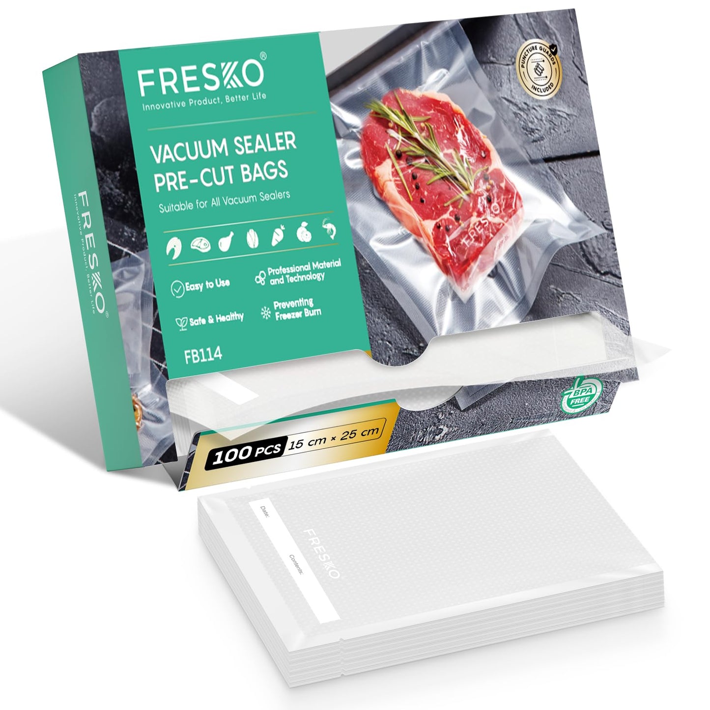 FRESKO Vacuum Sealer Bags 15x25cm 100 Count,Textured Vacuum Food Sealer Bag,Thick Embossed PreCut Bags | BPA Free | for Sous Vide Cooking and Food