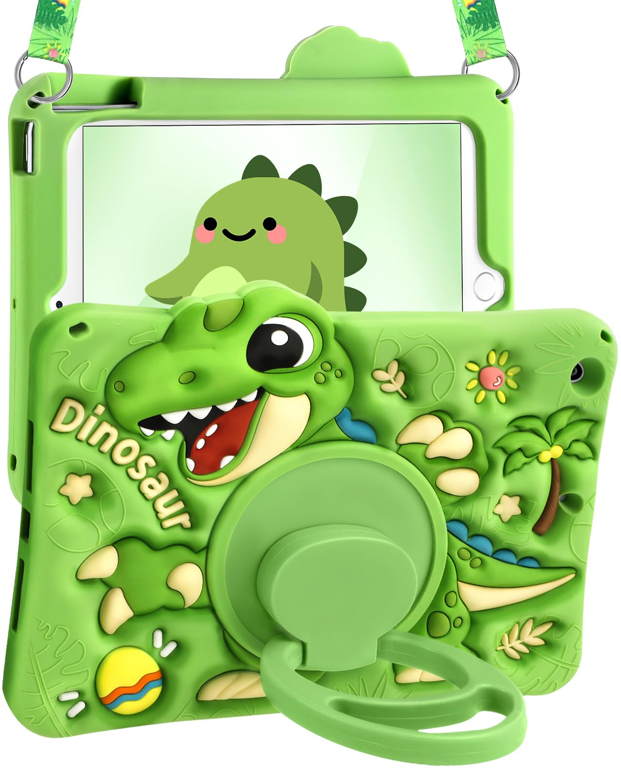 Kokaade for iPad 9th/8th/7th Generation 10.2 Inch Case (2021/2020/2019) - Cute Cartoon Green Dinosaur with Shoulder Strap & Rotating Stand for Boys