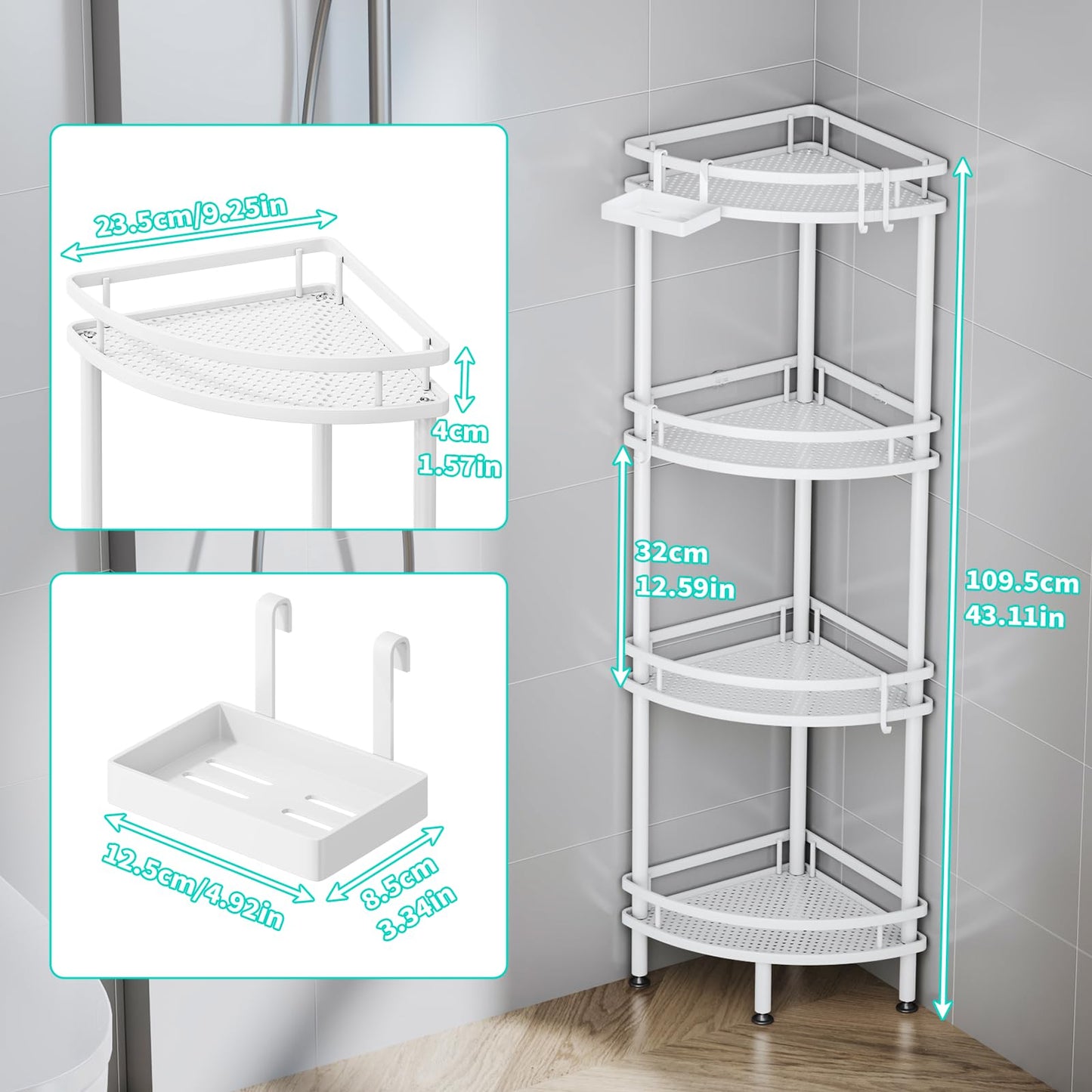 HapiRm Freestanding Shower Caddy Corner - 3 Tier Adjustable Feet Shelves