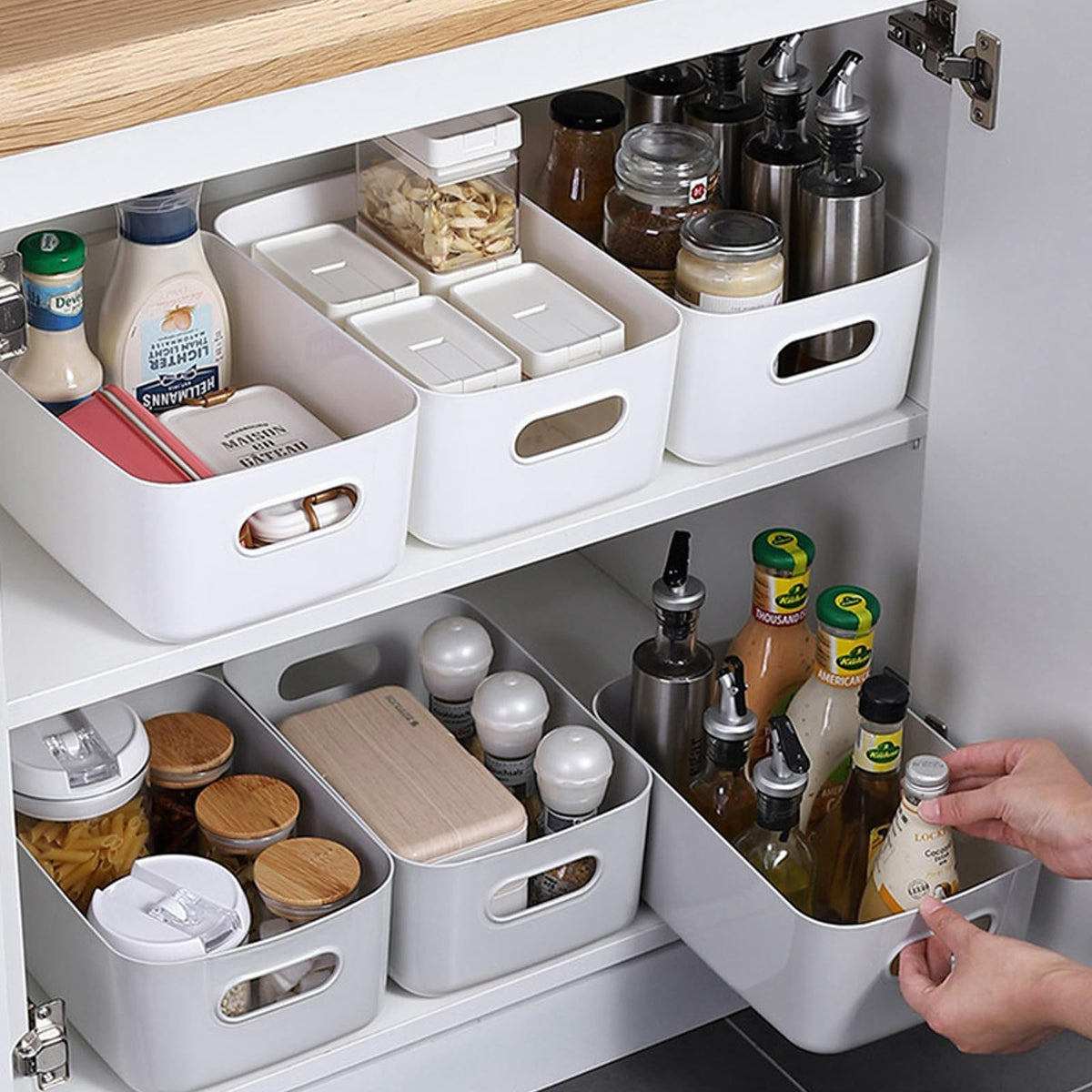 YUNSHANGHE Pack of 10 Storage Boxes Plastic Storage Basket with Handles, 30 x 20 x 12 cm Storage Plastic Box for Kitchen Cabinet Bathroom Shelf