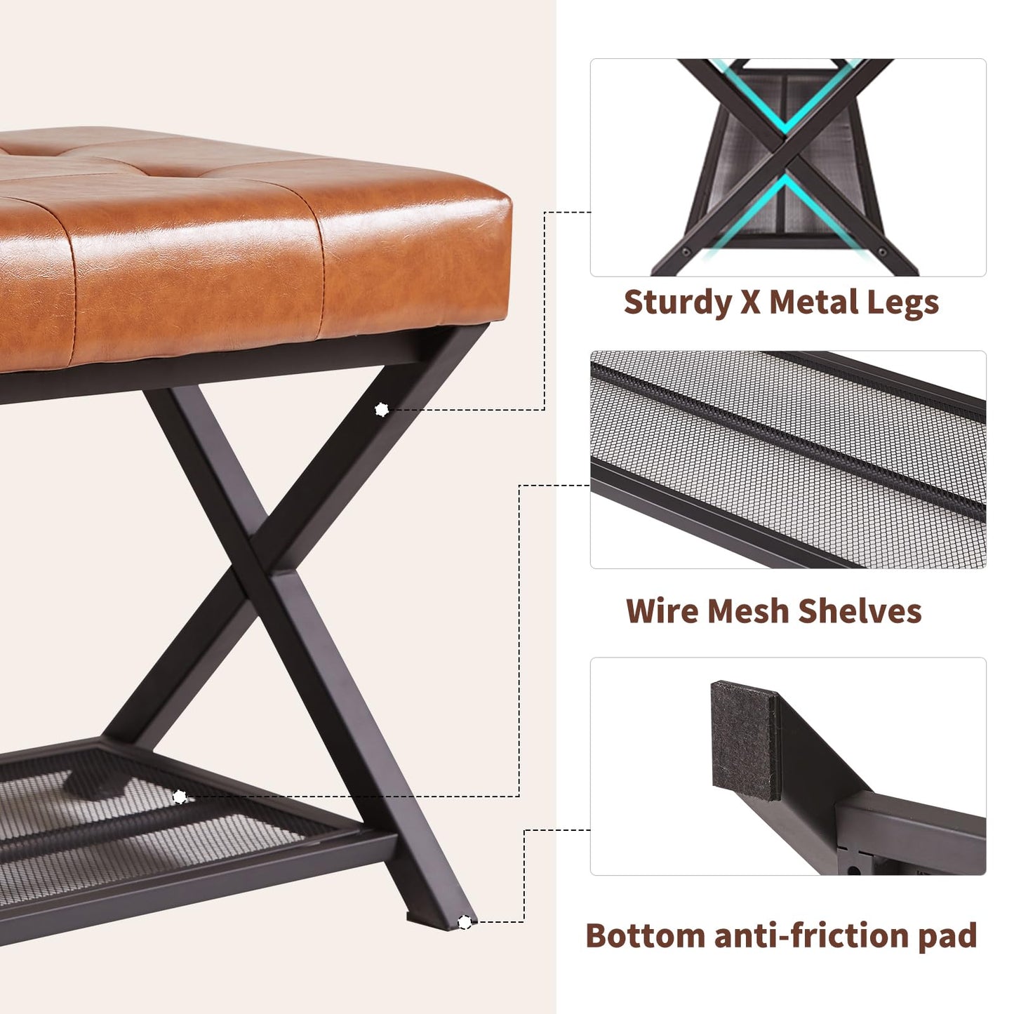 Aibiju Shoe bench with Seat, 44.5” End of Bed Storage Bench with Wire Mesh Shelves, PU Leather Tufted Upholstered Storage Ottoman Bench for Bedroom