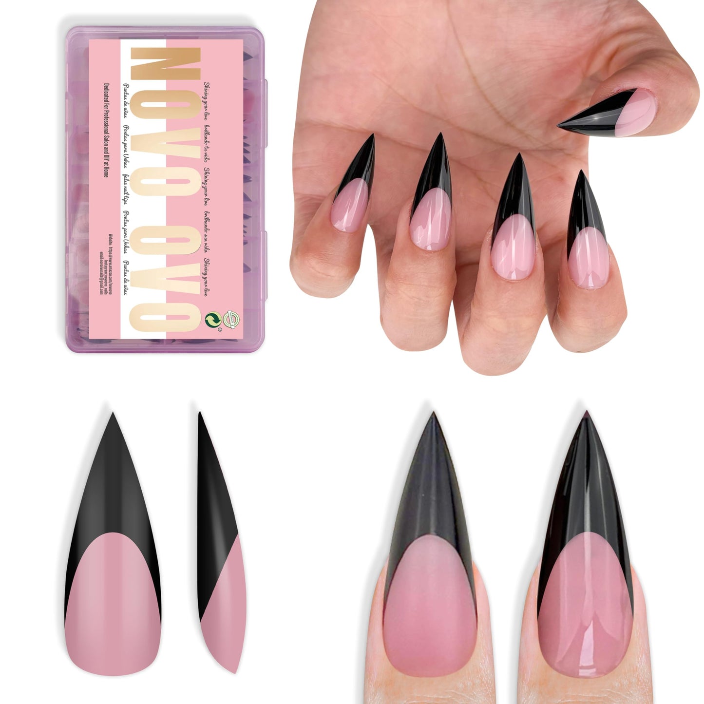 NOVO OVO Black French Tip Sharp Stiletto Pointed Medium Long Nail Tips Press on Berry Pink, Extra Thick Soft Gel Fake Acrylic Extension, Full Cover