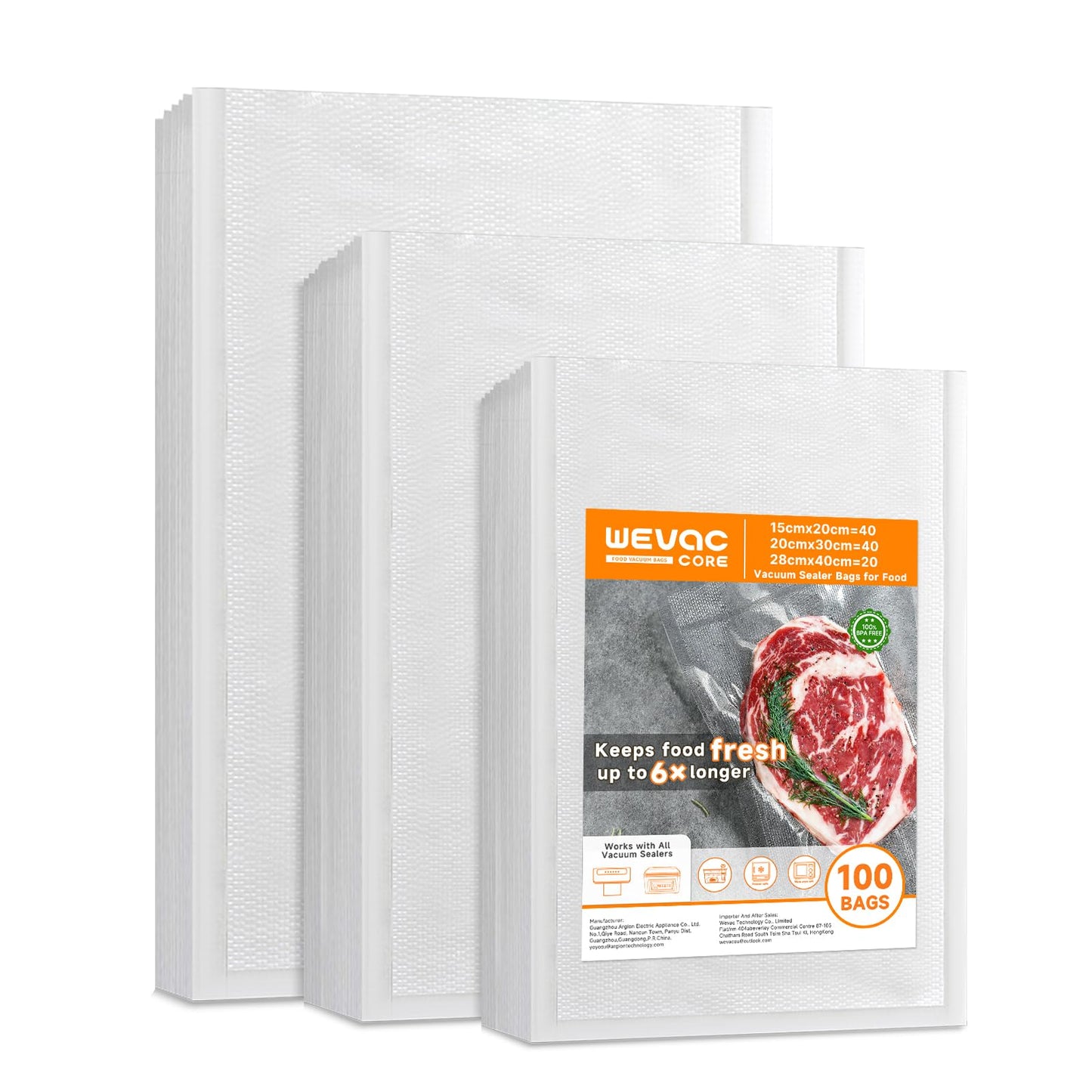 Wevac Core Vacuum Food Sealer Bags 100pcs 15x20cm(40)20x30cm(40)28x40(20), Vac Pack Bag for Food Saver, Commercial Grade, BPA Free, Heavy Duty, Sous