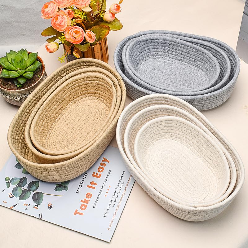 Cotton Rope Storage Baskets Set of 3 - Woven Storage Baskets for Organization, Available in White Grey Beige (Gray)