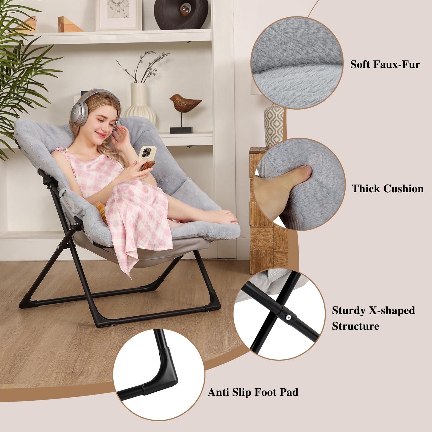 Mordchil EU Comfy Saucer Chair for Adults, Set of 2, Soft Faux Fur Bedroom Chair, Accent Dorm Chairs, Flexible Living Room Reading Chairs
