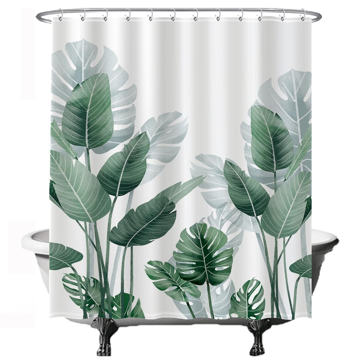 Ulticool - Shower Curtain - Large Plant - 180 x 200 cm - Bathroom Curtain - Washable - Anti-Mildew - with 12 White Rings - Green White