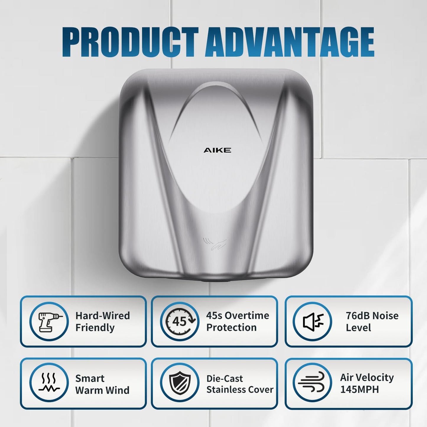 AIKE Elephant Commercial Hand Dryer, Durable Stainless Steel, 220V AK2812