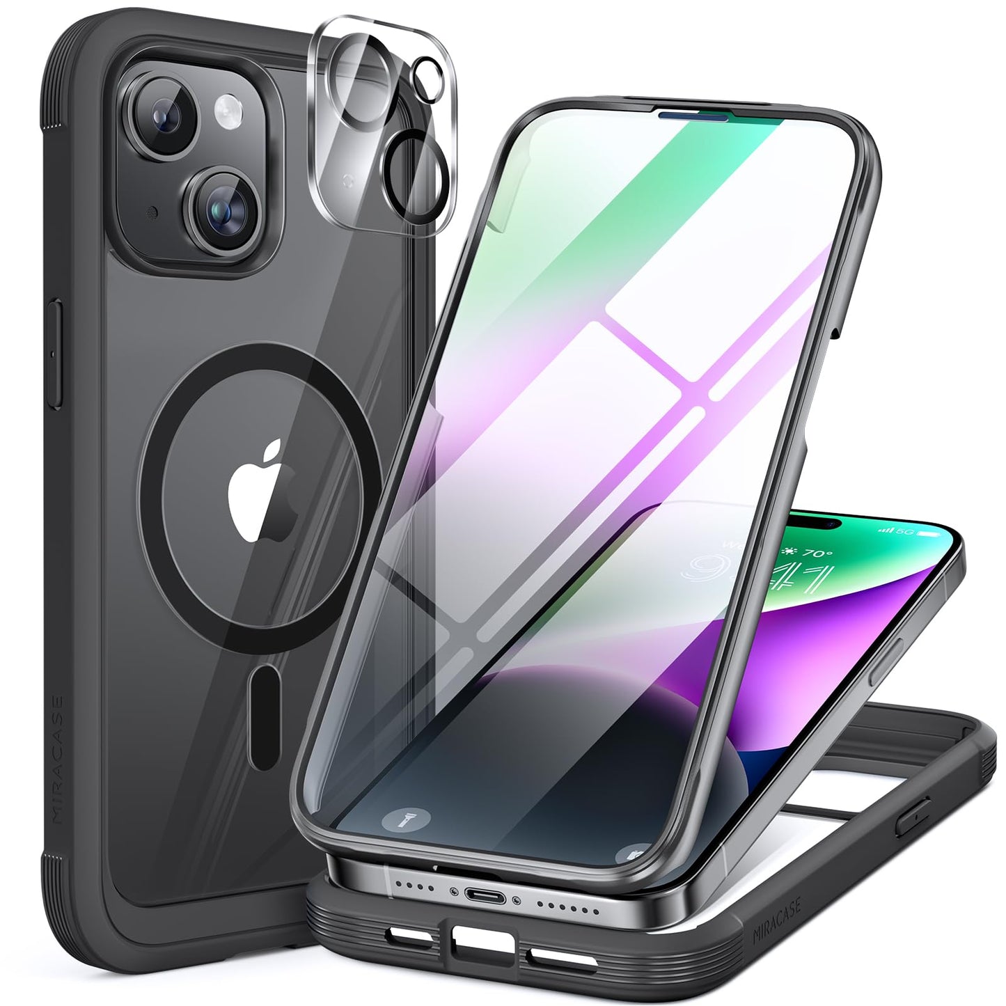 Miracase Magnetic Case for iPhone 15 Case 6.1-Inch, Full Body Bumper Clear Back Cover Compatible with MagSafe and Built-in 9H Tempered Glass Screen