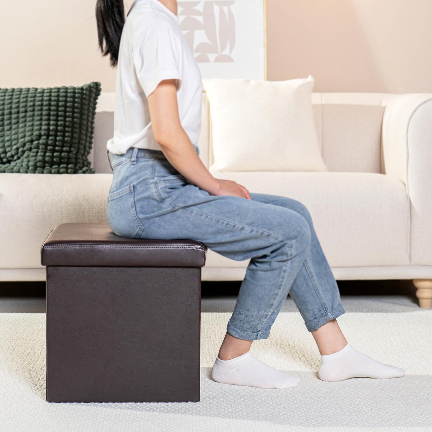 Bonlife Small Ottoman Storage Box with Lid, Foldable Cube Footstool