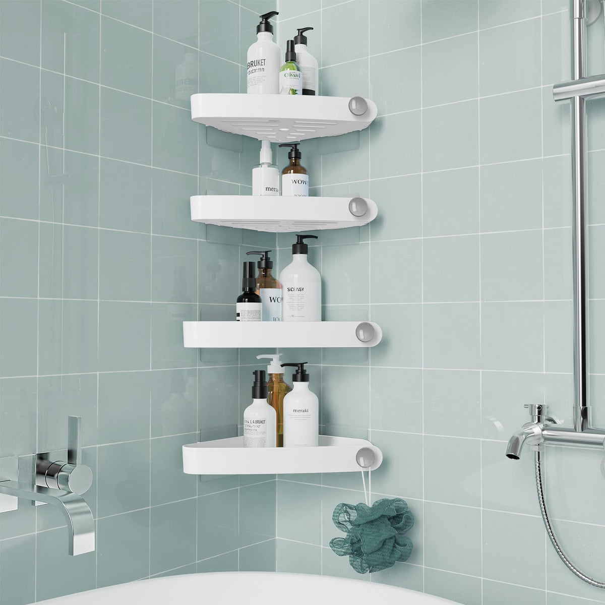 Sotfamily 4 Packs Corner Shower Caddy, No Drill Shower Organiser with Adhesive Pad, Rust Free Plastic Shower Storage for Bathroom, Kitchen, Toilet