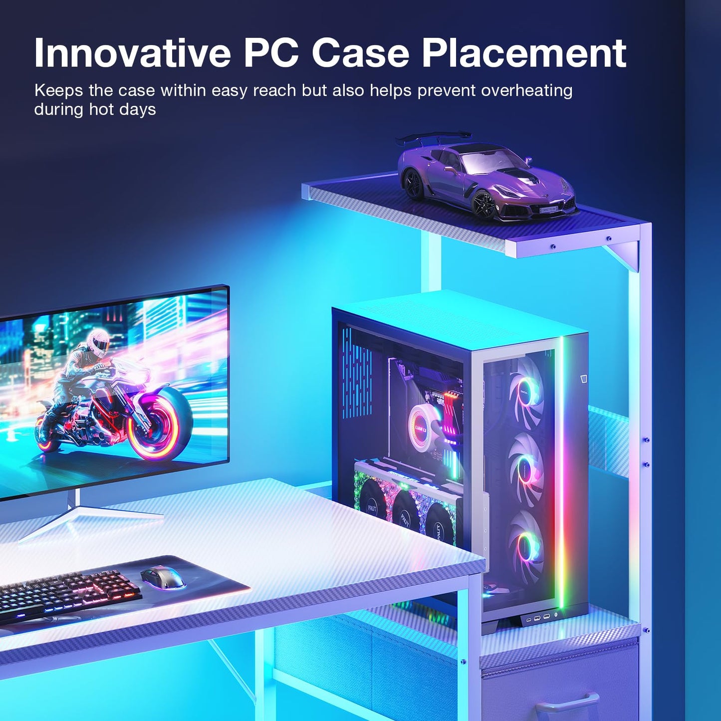 Coleshome 120×48 cm Gaming Desk with LED Lights, Carbon Fiber White