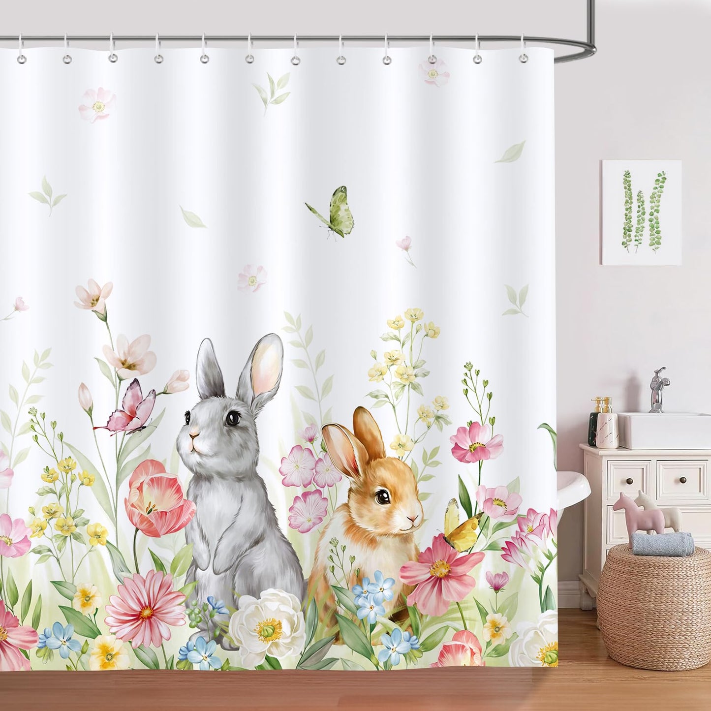 Bonhause Spring Easter Bunny Shower Curtain Cute Rabbits Floral Plant Bathroom Curtain 180 x 180 cm Waterproof Mildew & Mould Resistant Polyester