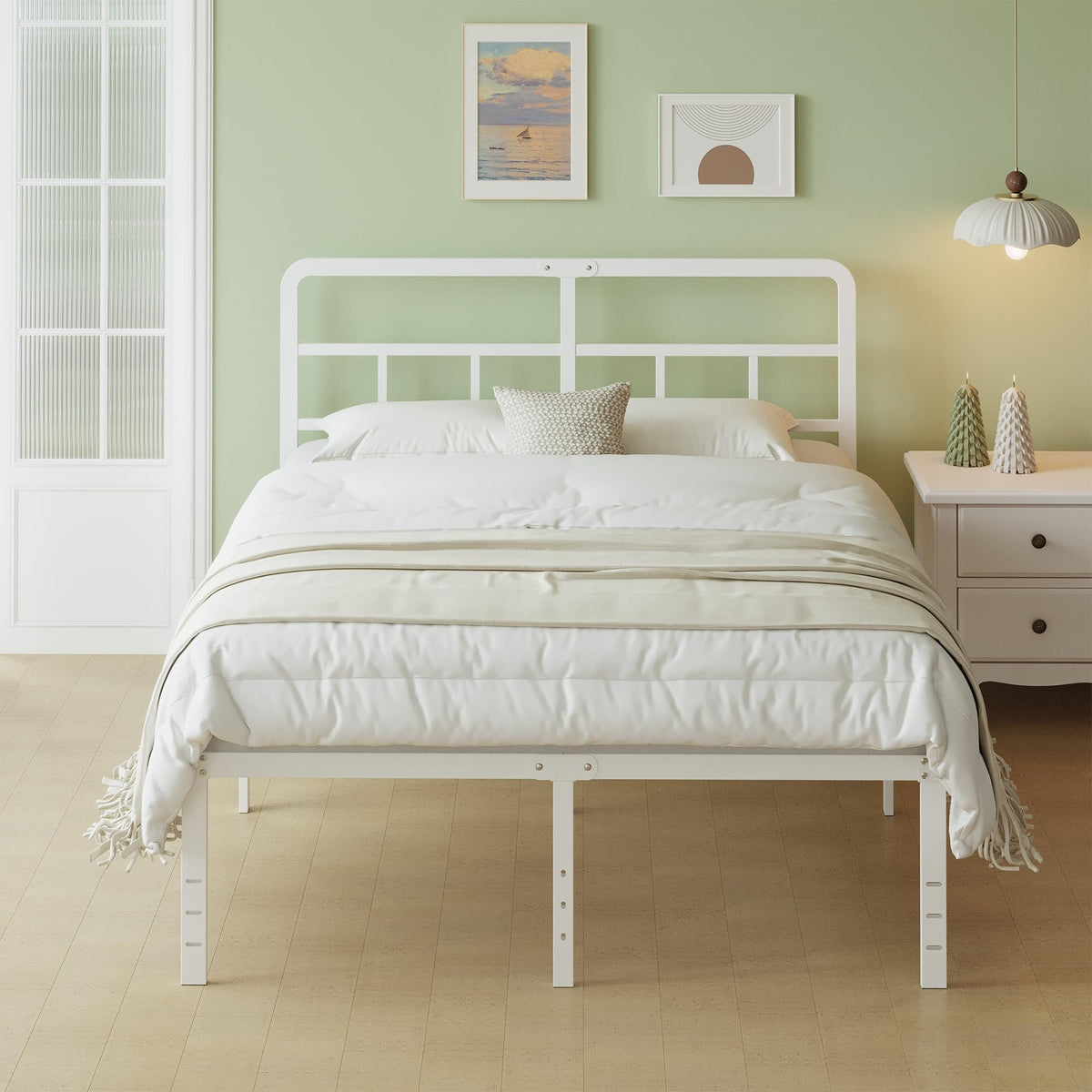 Lutown-Teen Metal Bed Frame 160 x 190 cm with Curved Headboard, 5ft 3 Heavy Duty White Bed Frame 46 cm High with Steel Slat Support, Under-bed