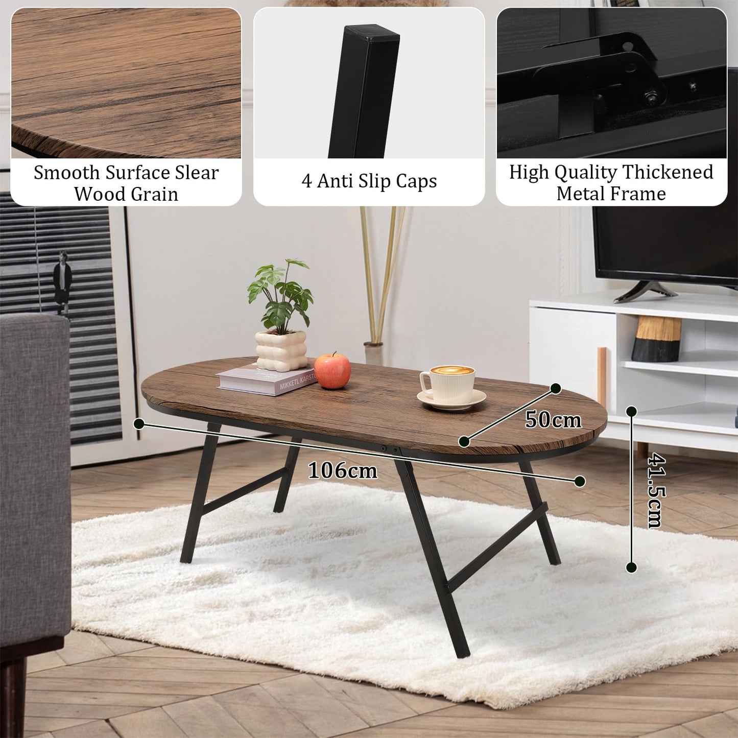 FEUFOAM Folding Coffee Table for Small Spaces Wood and Metal Oval Coffee Tables No Assembly Low Coffee Table for Living Room, Home, Office