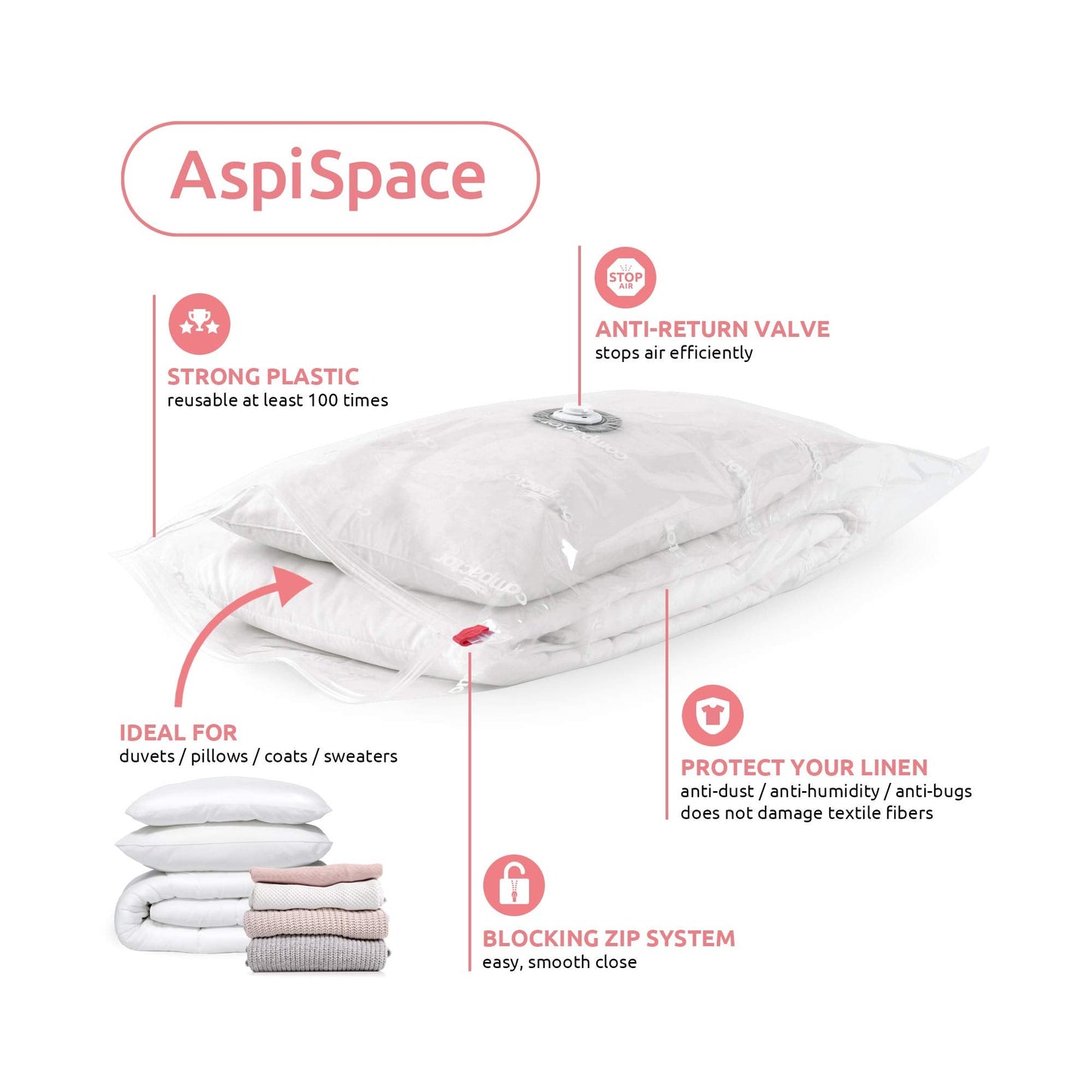 Compactor Aspispace Vacuum Compression Bags XL - 6 Pack, 80X130 cm, Transparent, Reusable Storage Solution