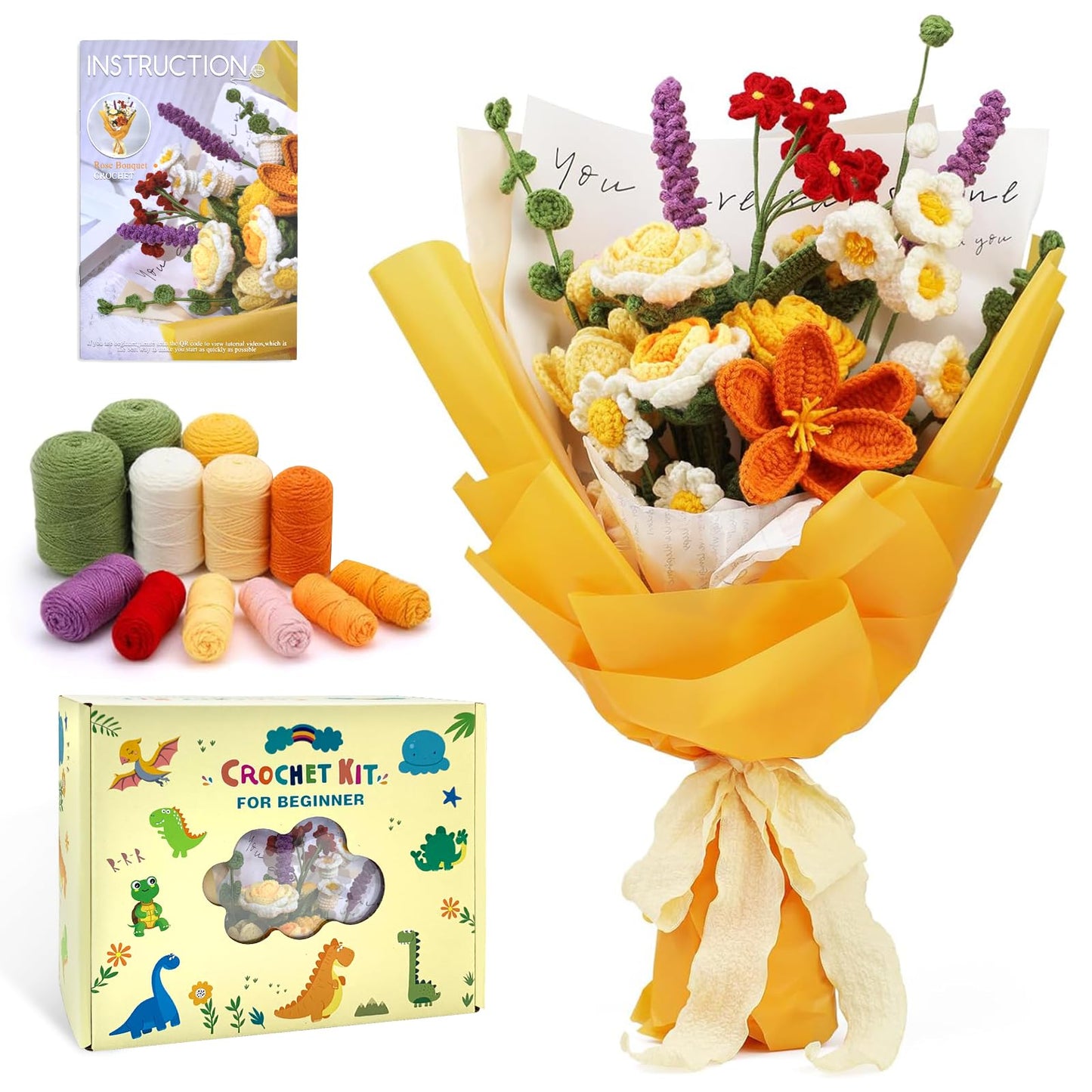 Boloshine Amigurumi Crochet Flowers Kits for Beginners, DIY Knitted Flowers, Crafts Set with Hooks, Yarns, Packing Paper for Starters Adults, Handmade