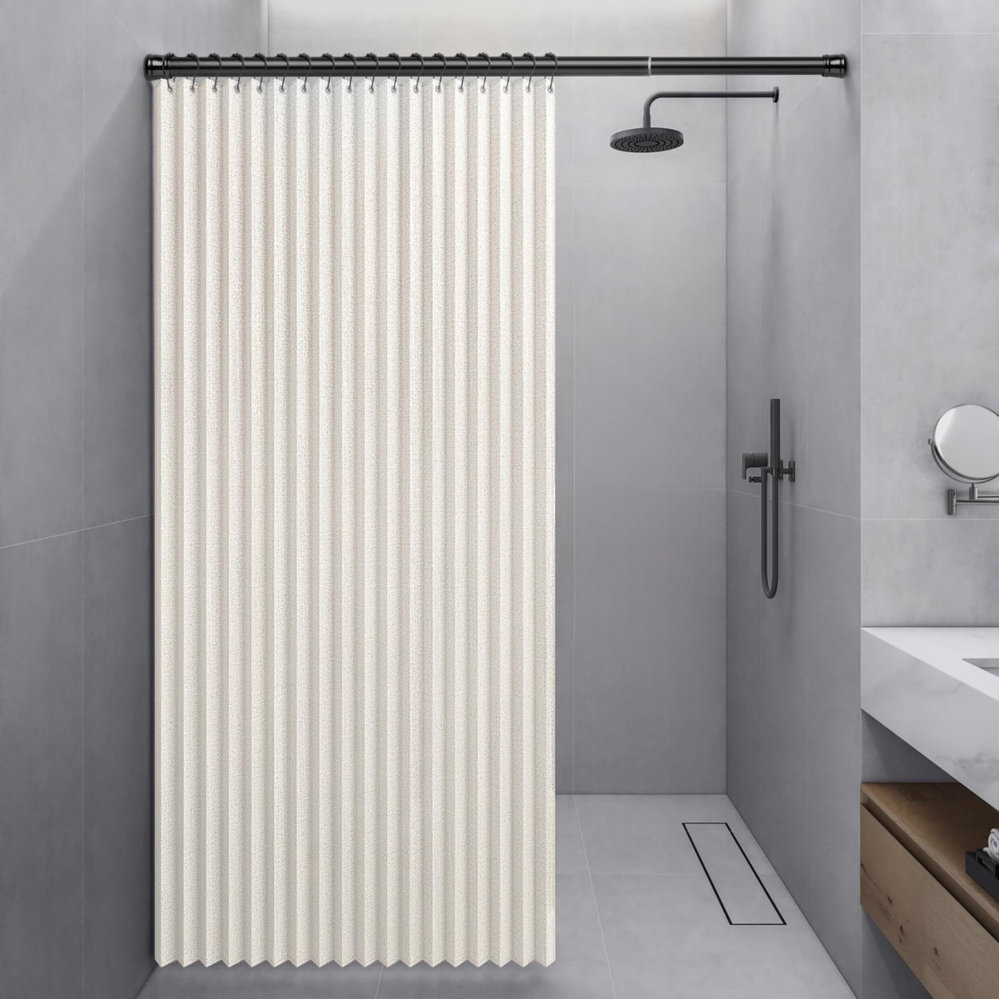 Momooda Waterproof Folding Shower Curtain, Heavy Duty Anti Mould Linen Shower Curtain, Magnetic Sripe Splash-proof, Fast Closing, Beige, 100x200cm