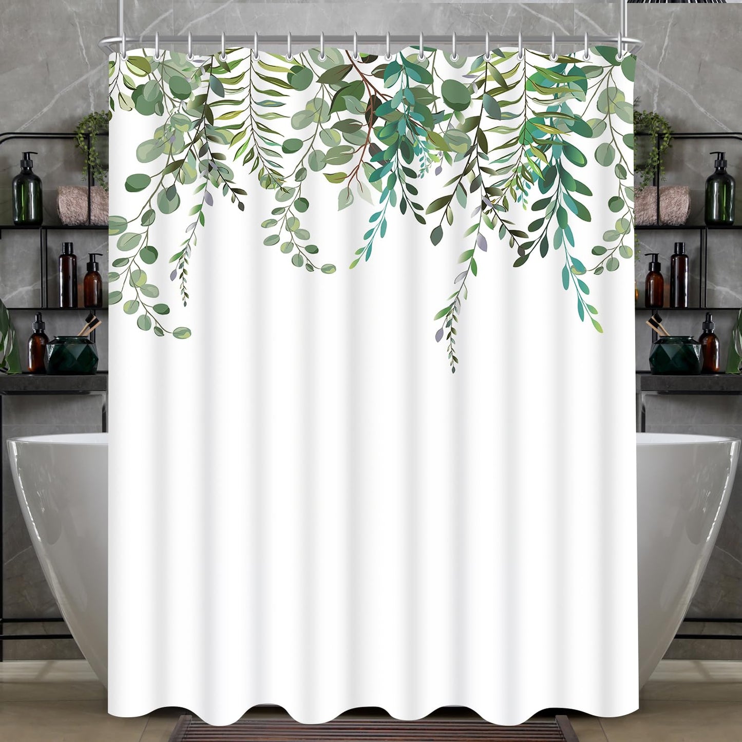 Lerores Shower Curtain 240 x 200 cm - Green Leaf Pattern - Weighted Hem - Anti-Mould Textile - Waterproof - Washable - Polyester - With 16 Eyelets and