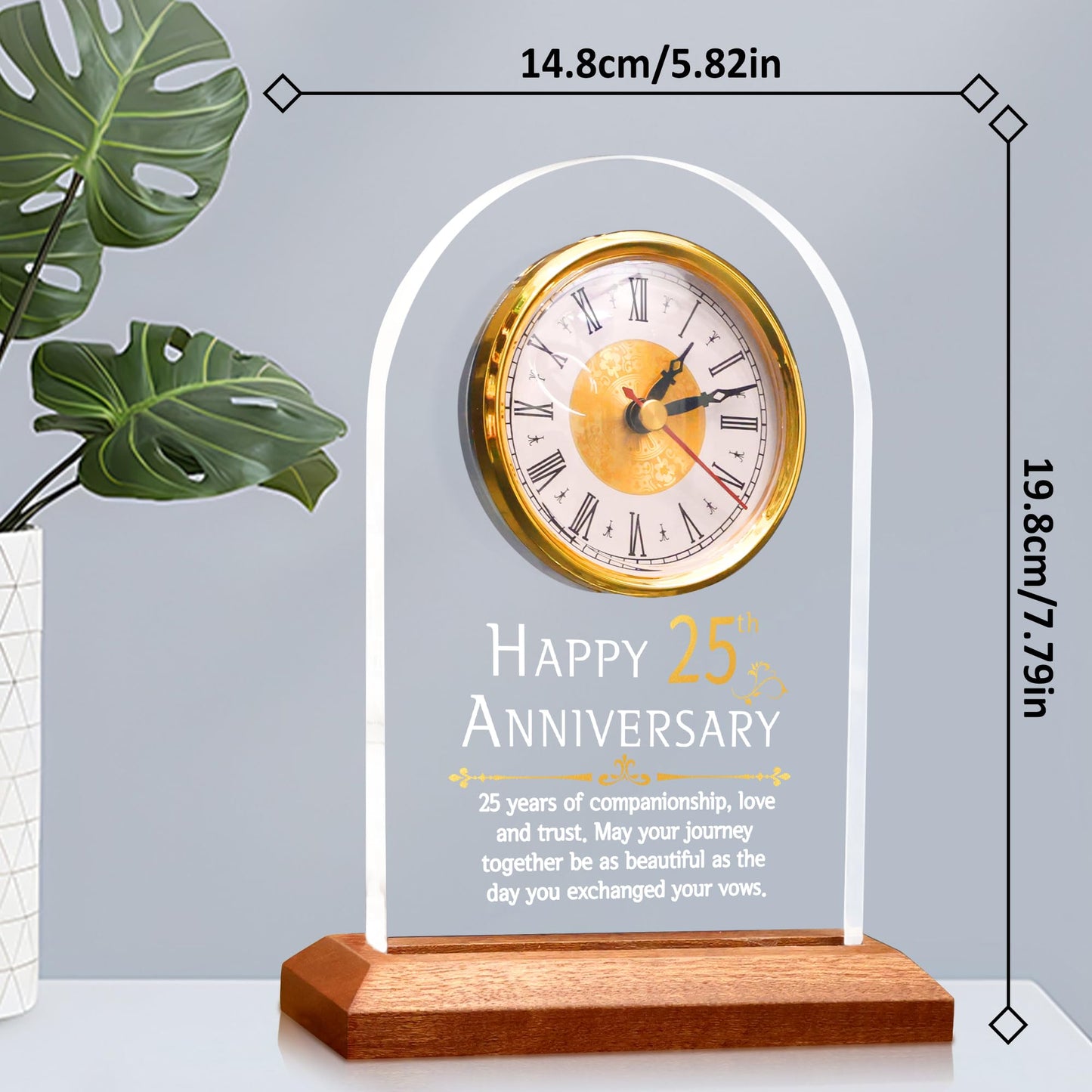 OkiyiD Light Up 25th Anniversary Wedding Gifts Quartz Clock with Wooden Base,25 Years Silver Wedding for Couple,Parents,Soft Warm White Lighting 25th