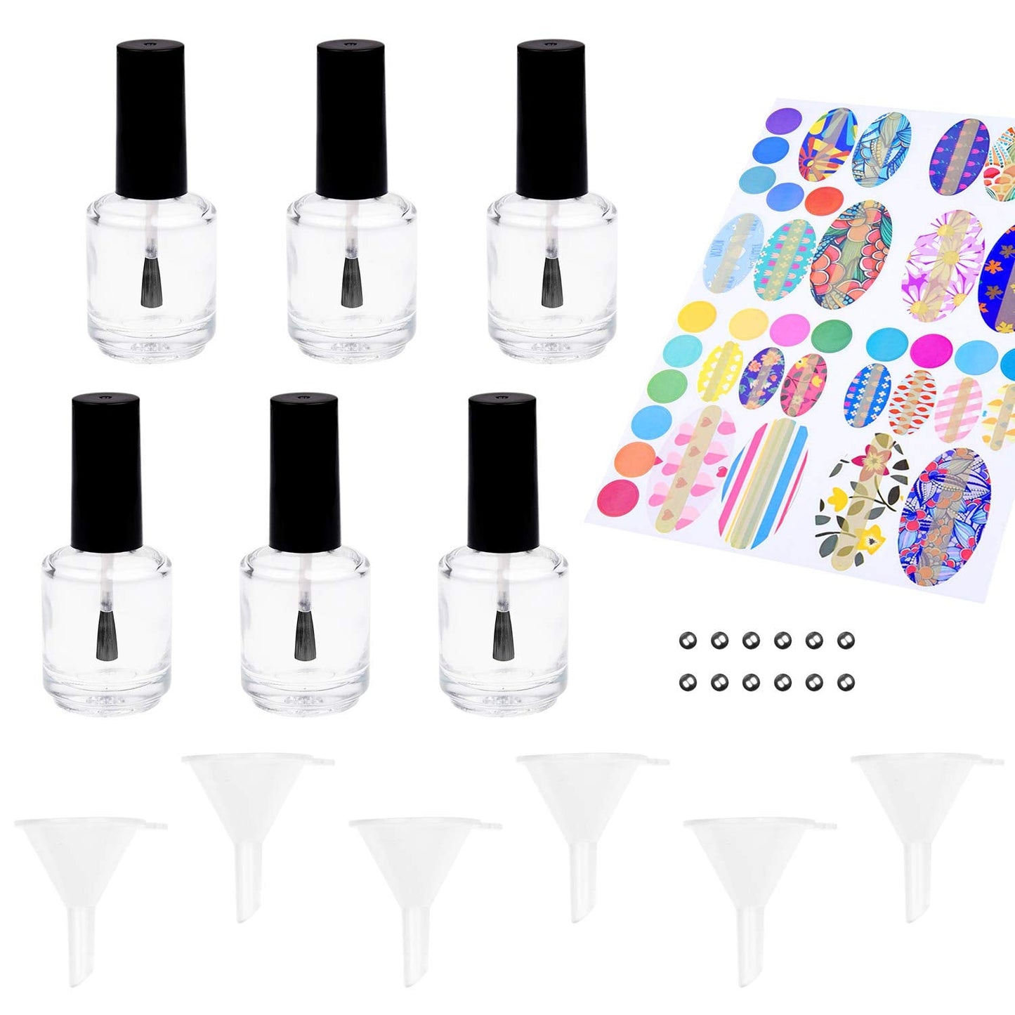 Empty Nail Polish Bottles with Dupont Brushes - Set of 6 - Clear Transparent Glass - Including Funnels (for Easy Filling) and Mixing Balls (for Better