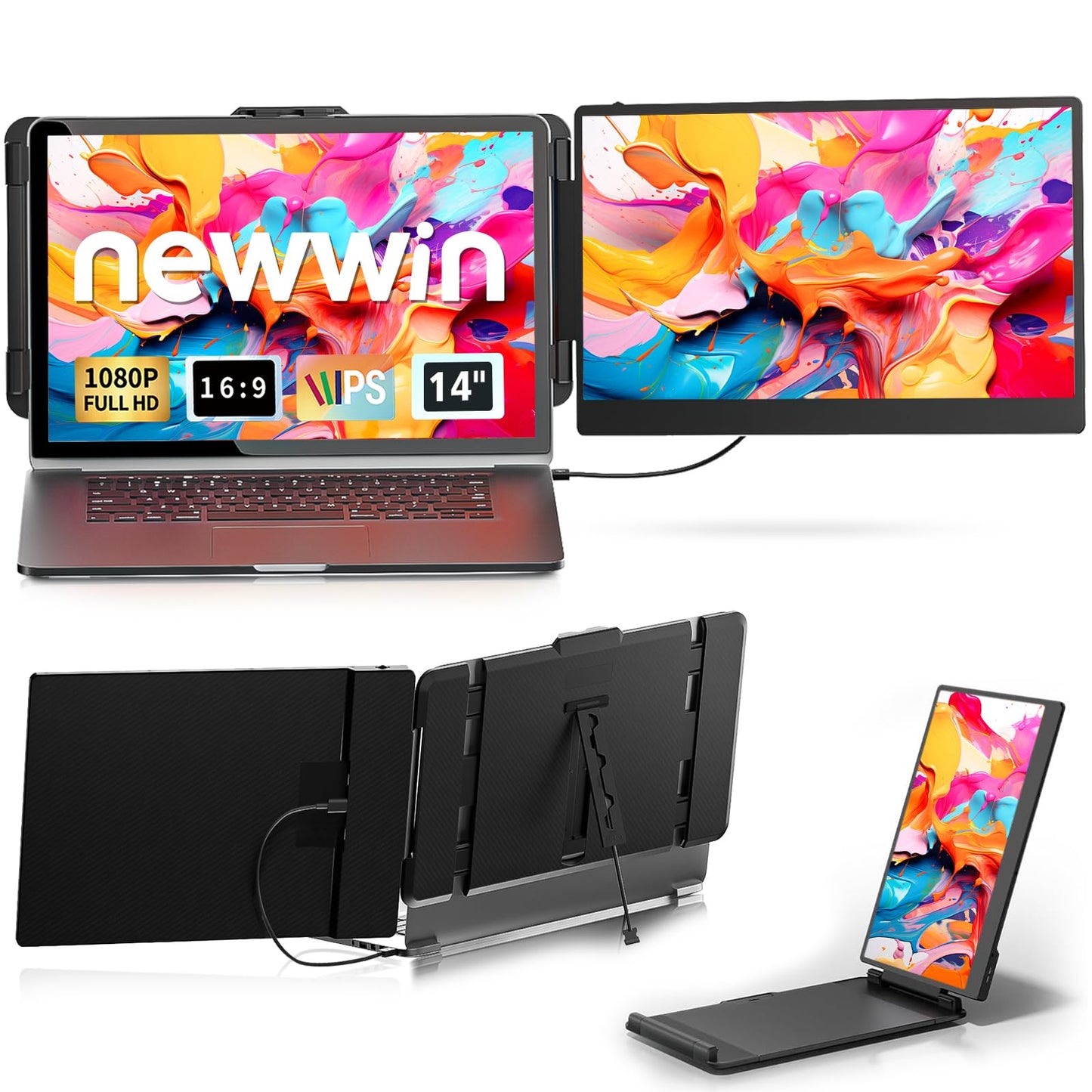 Newwin Laptop Screen Extender 14" FHD 1080P IPS Dual Screen Laptop Clip on Monitor Extender Portable Extra Display Extended Monitor for 13.3-17"