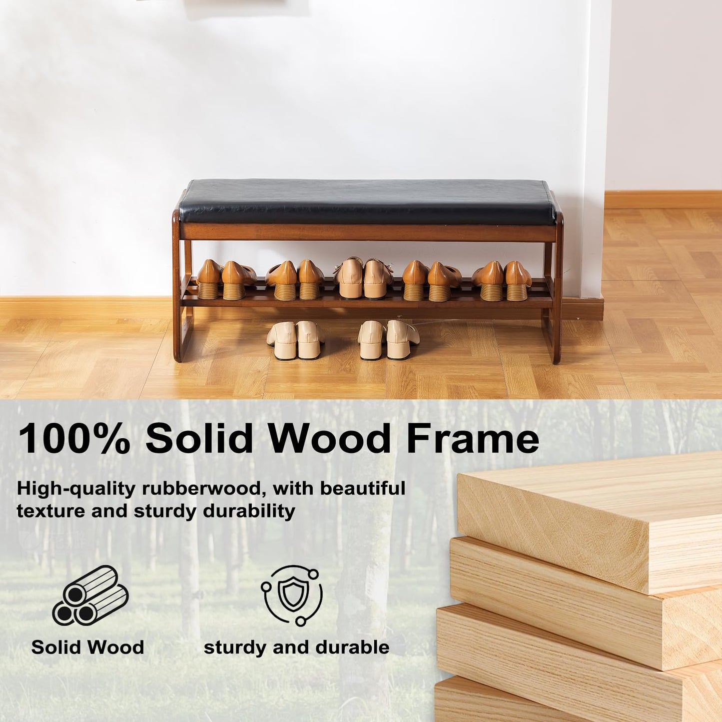 SOBIBO Solid Wood Shoe Bench, 2-Tier Wooden Storage Entryway Bench, Mid-Century Modern Shoe Bench Rack