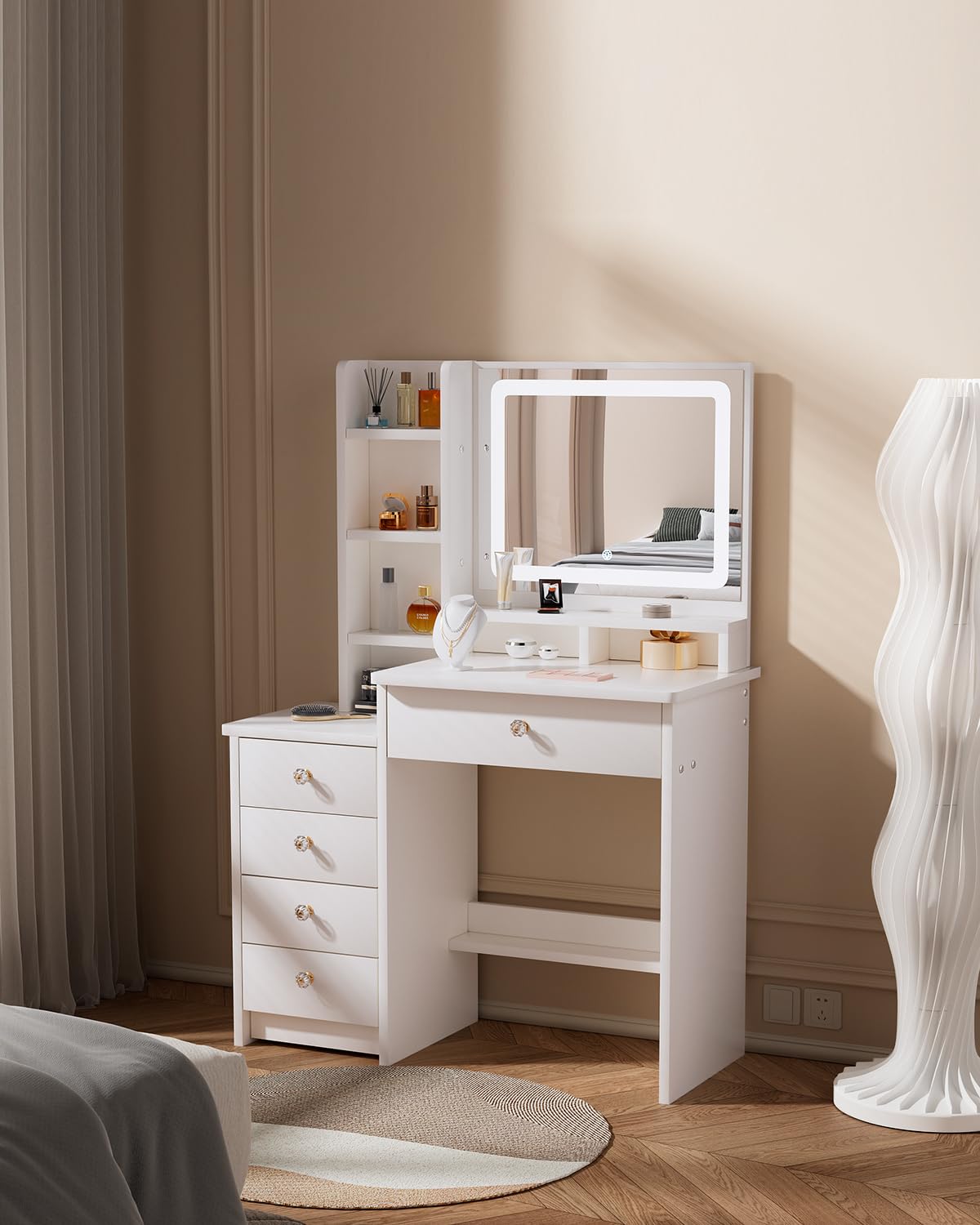 ZenkiHome Dressing Table with LED Mirror and Adjustable Lights, 90cm White Vanity Desk
