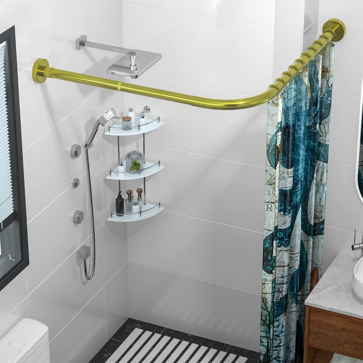 SIKAIQI Stretchable 304 Stainless L Shaped Bathroom Bathtub Corner Shower Curtain Rod Rack (Gold 70-100 cm x 70-100 cm), Drill Free Install, for